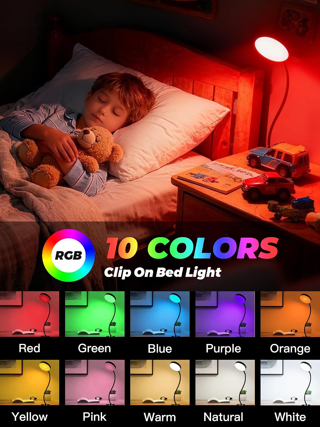 Clip on Light,10 RGB Colors+10 Brightness Small Desk Lamp with Clamp Light | 500 lm Bright 72 LED Desk Light, USB Adapter Reading Lights for Books in Bed/Headboard/Bedside Table/Bedroom/Dorm/Home Office