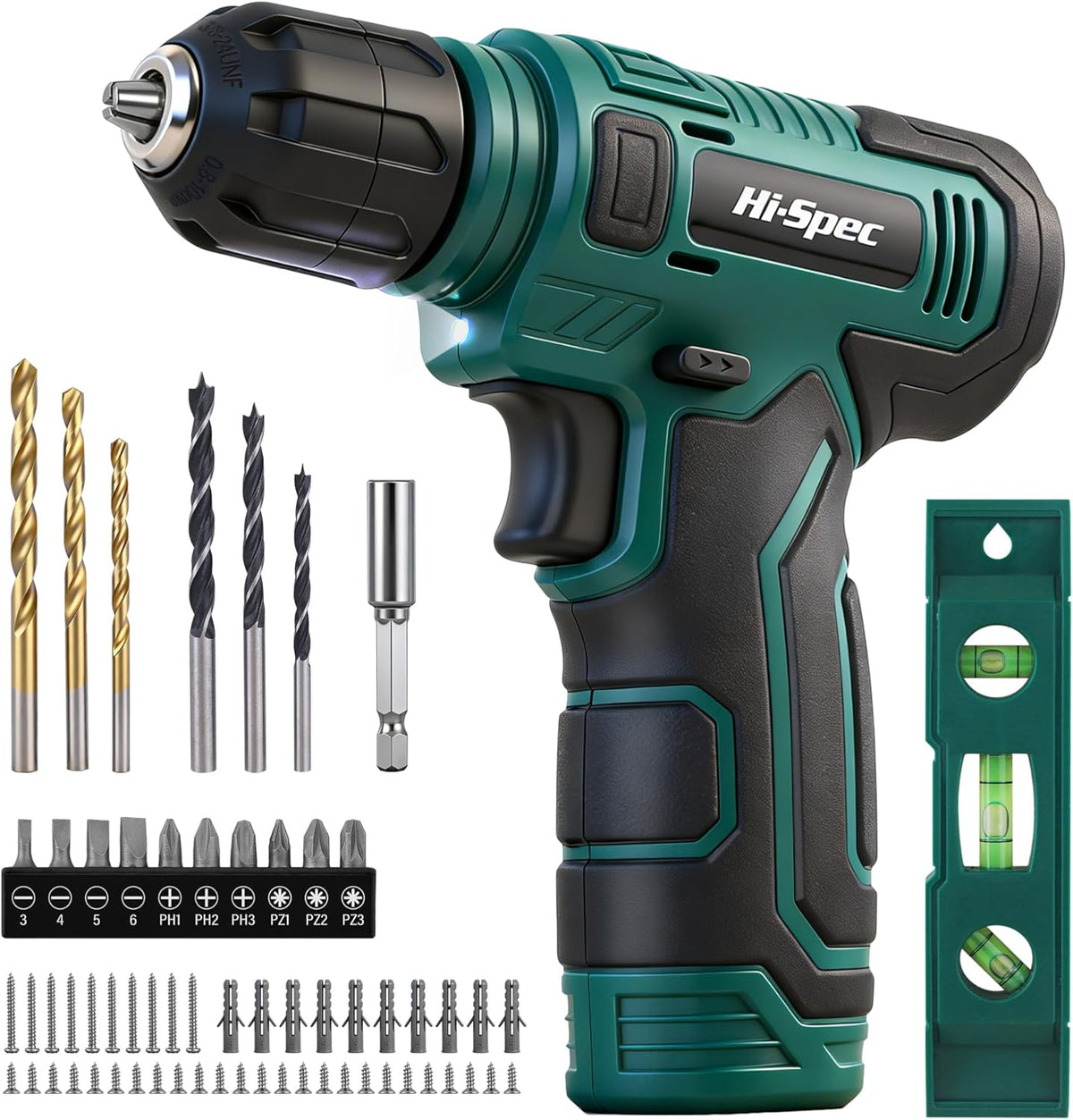 Hi-Spec 8V USB Power Drill Driver Bit Set with Hanging Kit for DIY, Green | faster bit changes, labeled storage, cleaner drilling and driving, portable case, workshop-ready layout, organized storage