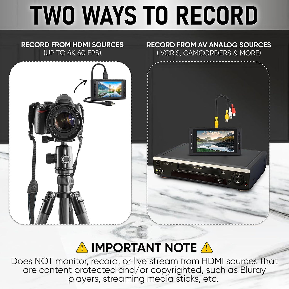 4K HD Video Capture Box - Capture or Live Stream Video (with Audio) from HDMI [Content-Protected Sources Not Supported], AV, VHS, VCR, DVD, Camcorders, Hi8, MiniDV - 5" LCD & Speaker