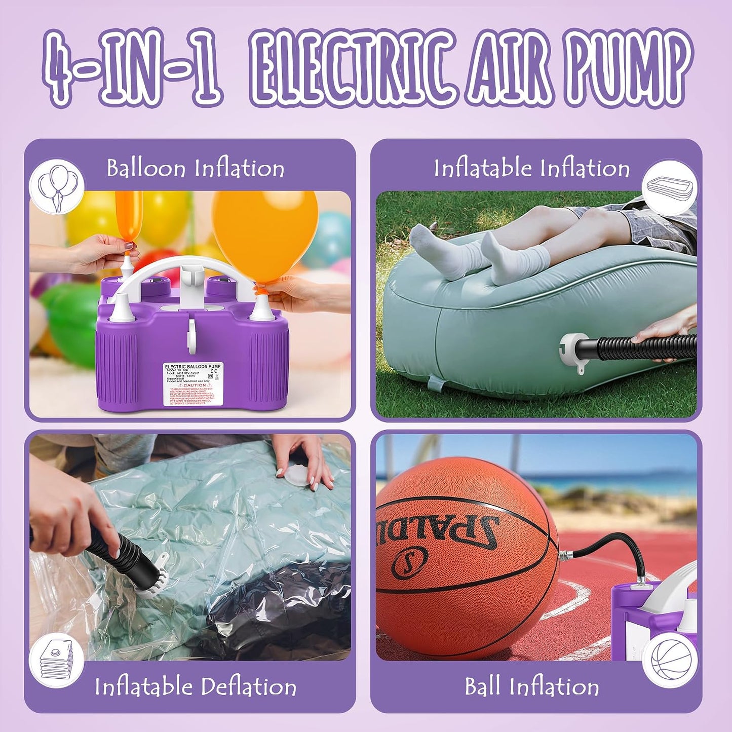 4-in-1 Electric Balloon Pump Triple Nozzles for Latex Foil 260q Balloon | Inflator Deflator for Inflatables Air Mattresses Pool Floats Yoga Balls, Electric Air Pump for Sports Balls