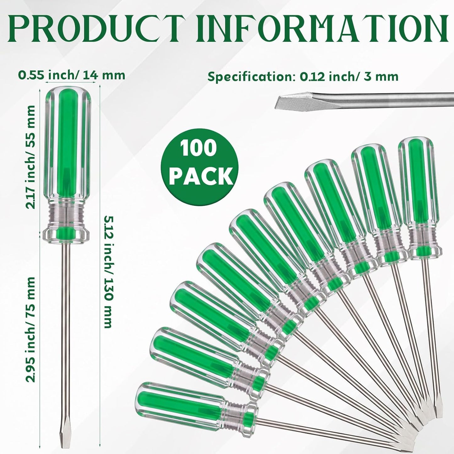 Lothee 100 Pack Mini Slotted Screwdriver 3.0mm Flat Head 5.12" (130 mm) Length Precision Flat Head Screw Driver with Non-slip Handle for Small Appliances Repair (Green)