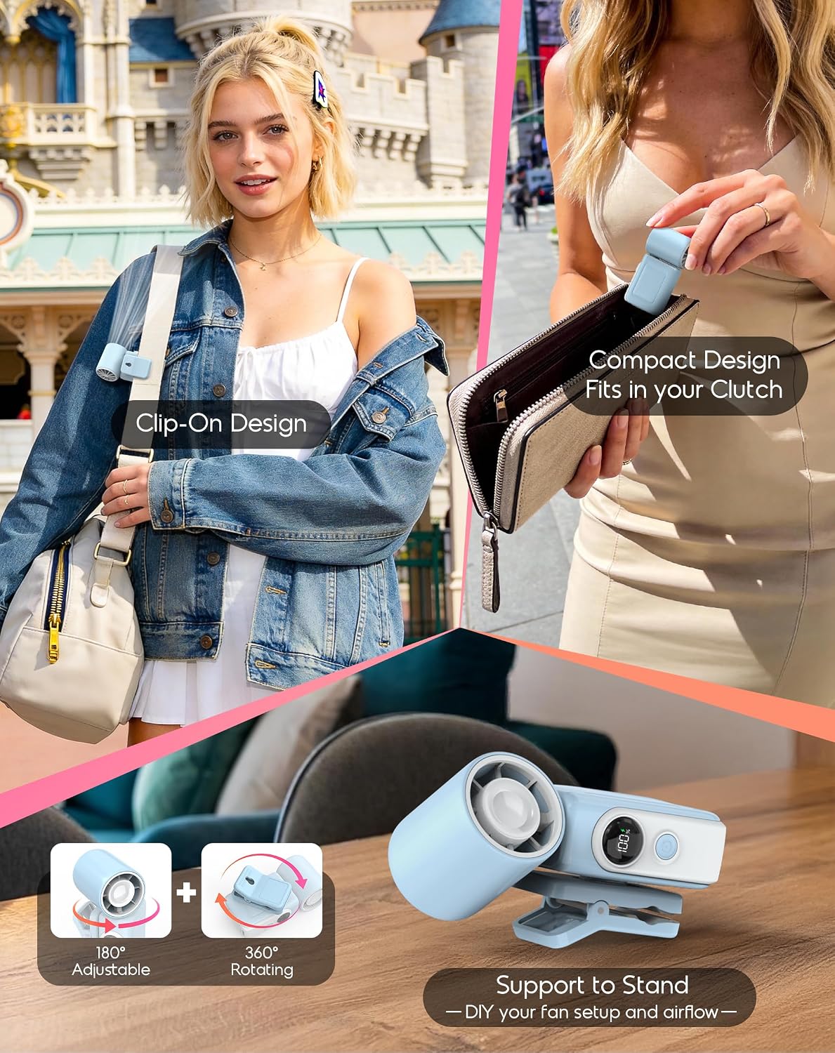 Clip-On Portable Fan for Strollers Travel, Rechargeable Turbo Personal Fan | Clip to Bag Strap Hat Stroller Shirt Desk Car Seats, Small 4 Speed 360° Rotate, Led Display, Turbo 13500RPM, Travel Essential