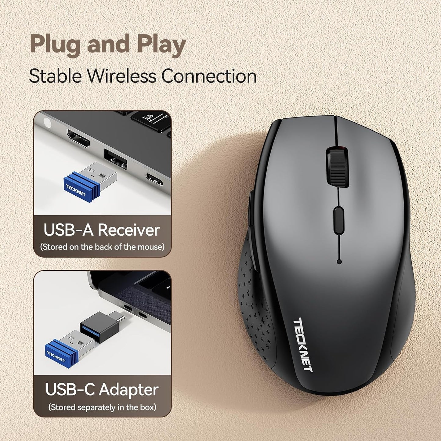 TECKNET Rechargeable Mouse with Jiggler, 2.4G Connection with USB-C Adapter | Type-C Adapter, Mouse Mover, Plug & Play, 3X Faster Charge, Full-size Design, Silent Click