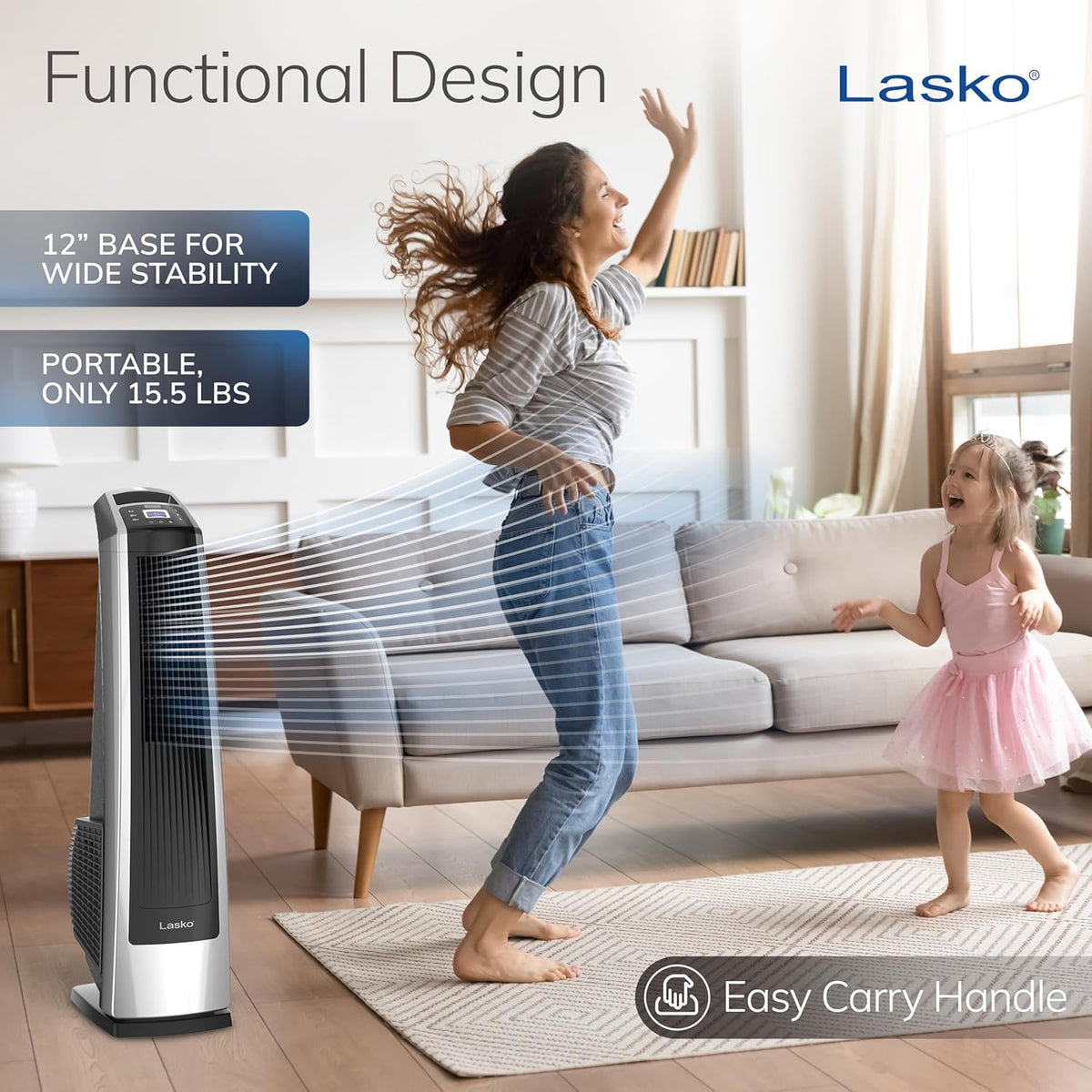 Lasko High Velocity Oscillating Tower Fan - 35" - U35115 - Silver/Black | Remote Control, Quiet Standing Fan for Bedroom, Office, and Home, 3 Speeds, Powerful Cooling Air