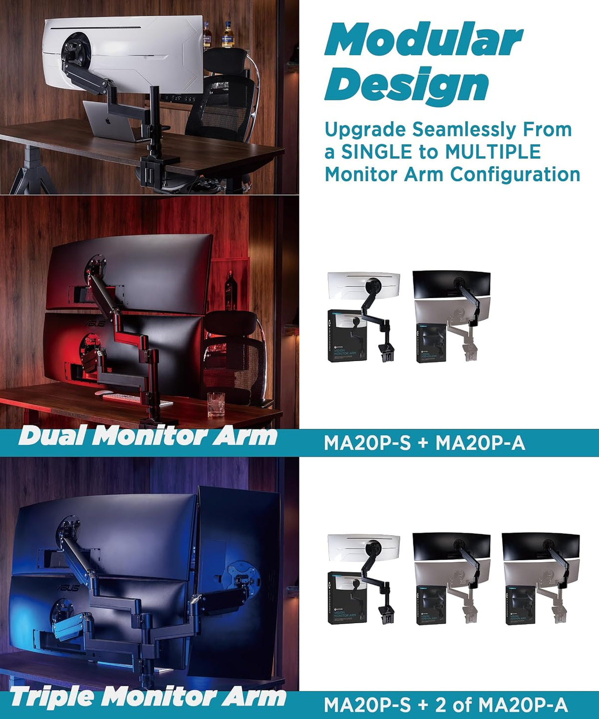 ULTRARM Heavy Duty Monitor Arm for Ultrawide Monitors up to 57" and 44 lbs, Single Desk Stand, Pneumatic Height Adjustable, Modular Extension Arms - Max VESA 100x100, Black, MA20P-S