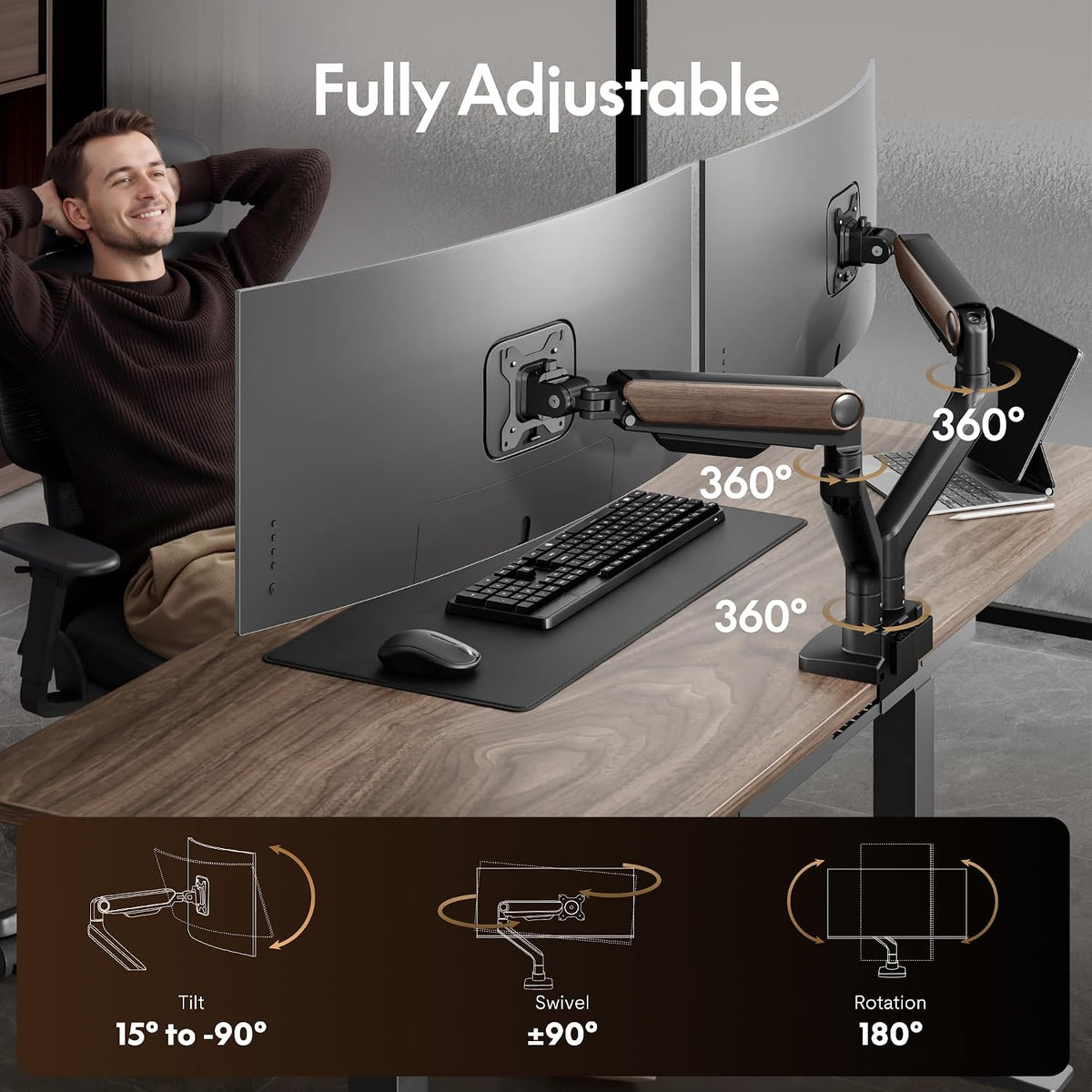 FlexiSpot Monitor Stand, Heavy Duty Dual Monitor Arm for Ultrawide Screen up to 39" and 44 Lbs, Adjustable Gas Spring Arm with C Clamp & Grommet Base for Gaming Office, 75/100 VESA Mount, Wood Grain