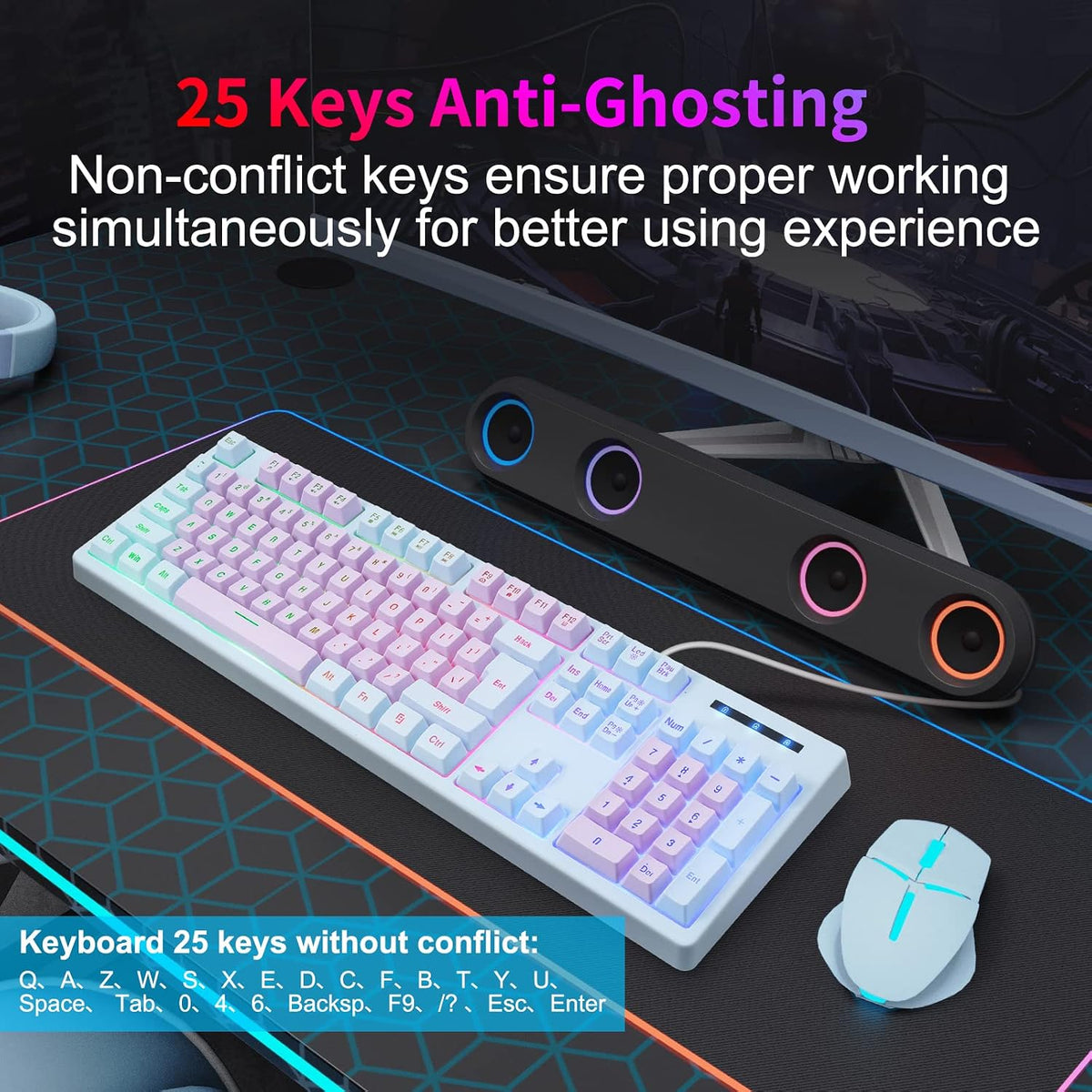HUO JI Wired Gaming Keyboard with Rainbow LED Backlit, Purple Blue | Floating Keys, Mechanical Feeling, Spill Resistant, USB Ergonomic for Xbox, PS Series, Desktop, Computer, PC