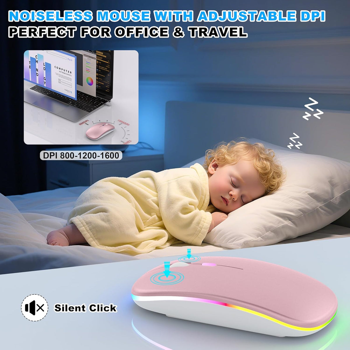 LED Bluetooth Wireless Mouse for MacBook Air Mac Pro Laptop iPad–Rose Gold | Rechargeable Silent Light-Up Optical Mouse with Jiggler Dual Mode BT5.2 & USB-A/USB-C for Students Kids Girls Boys