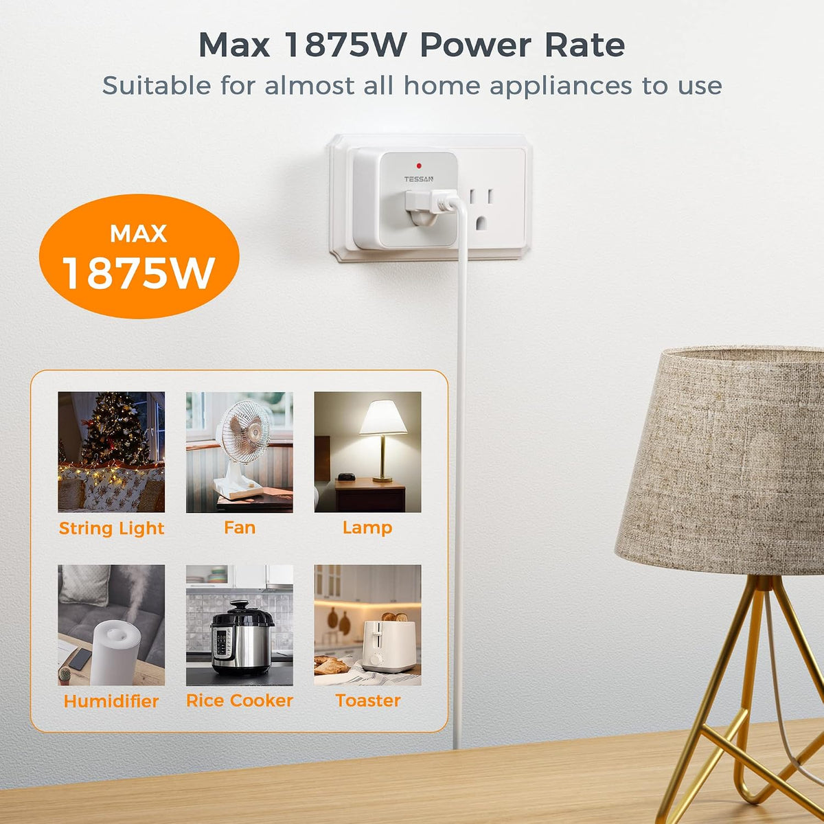 TESSAN Remote Control Outlet, 1 Remote + 1 Outlet | Wireless Light Switch, On Off Switch Plug, 100ft RF Range, 15A/1875W