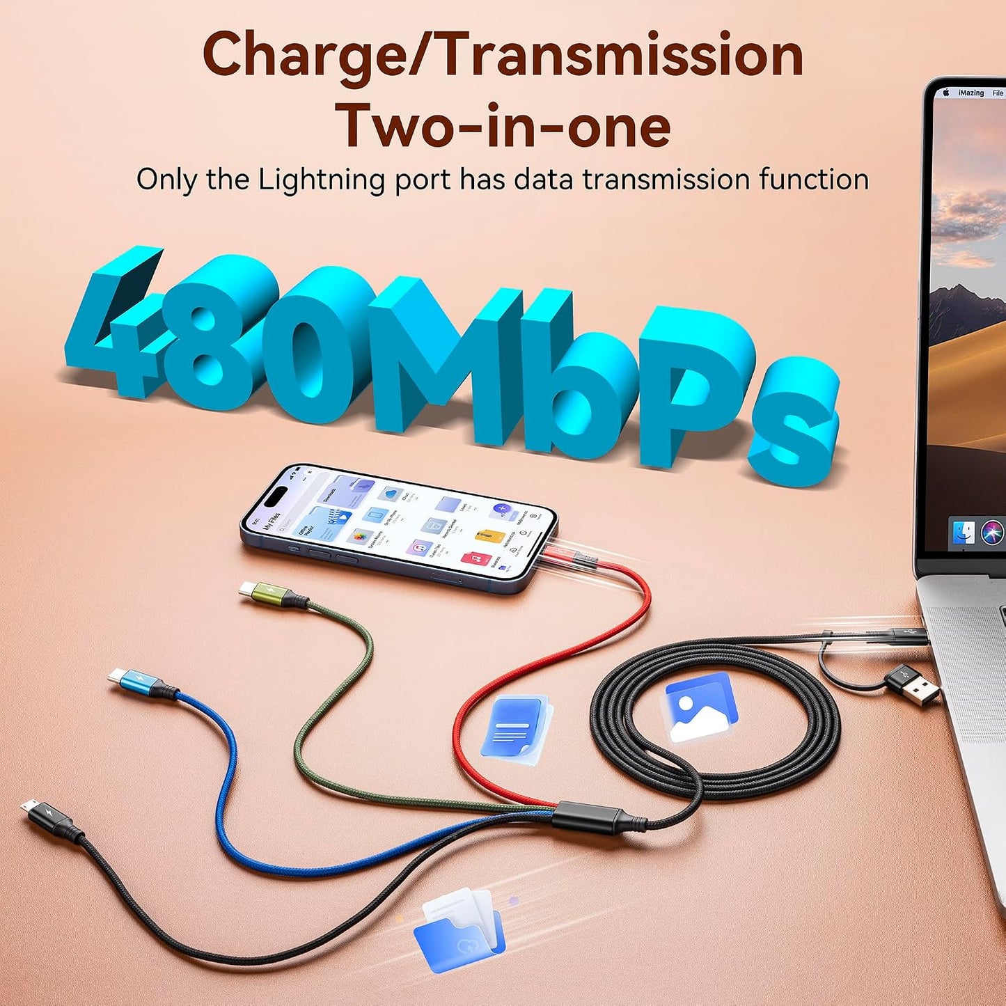 4 in 2 Multi Charging Cable,USB C Charging Cords for Multiple Devices | Dual USB-C Ports Phone Charger Cord, Universal Travel Car Charger Cable for iPhone 17-X, Androids, iPad, Kindle, Ps-2Pack 6Ft