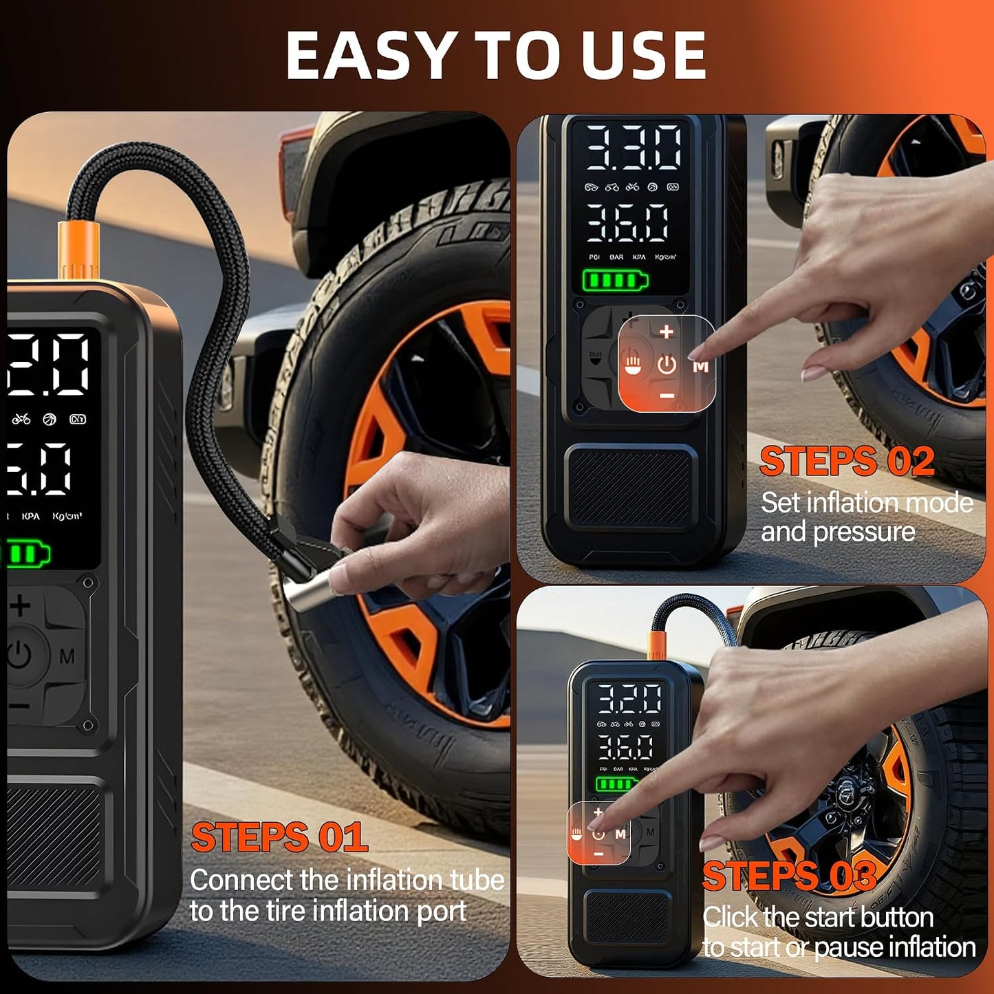 Y34 Tire Inflator Portable Air Compressor,4X Faster Inflation,6000mAh Cordless/12V DC 150PSI Air Pump with Digital Pressure Gauge for Car,Motorcycle,Bike,Ball Gifts for Men