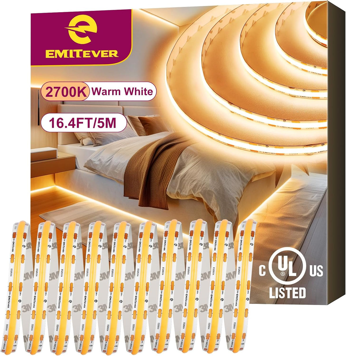 EMITEVER 24V COB LED Strip Lights 2700K,16.4ft 2400LEDs,UL Listed