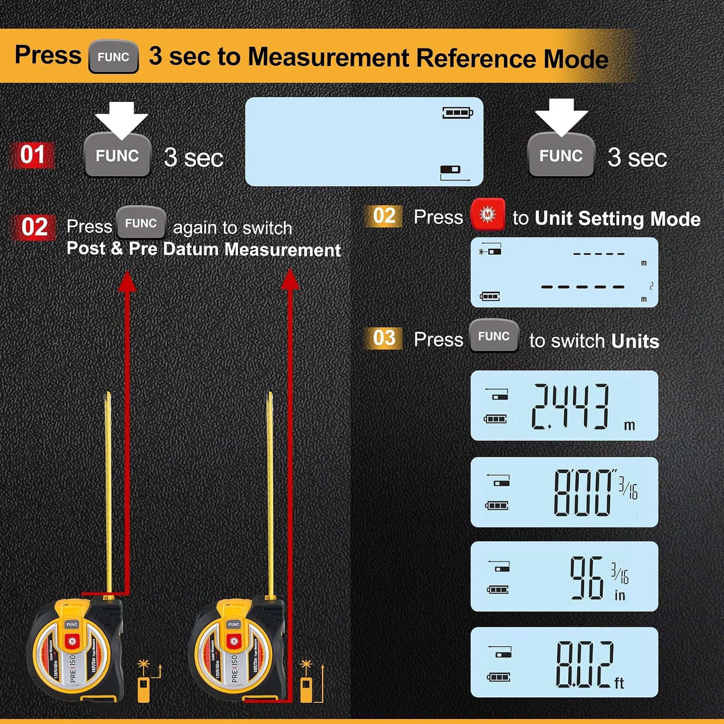 PREXISO 2-in-1 Laser Tape Measure - NOT Digital - 135Ft Laser Measurement Tool & 16Ft Measuring Tape with Auto Lock & Movable Magnetic Hook - Pythagorean, Area, Volume, Ft/Ft+in/in/M Unit-NOT Digital