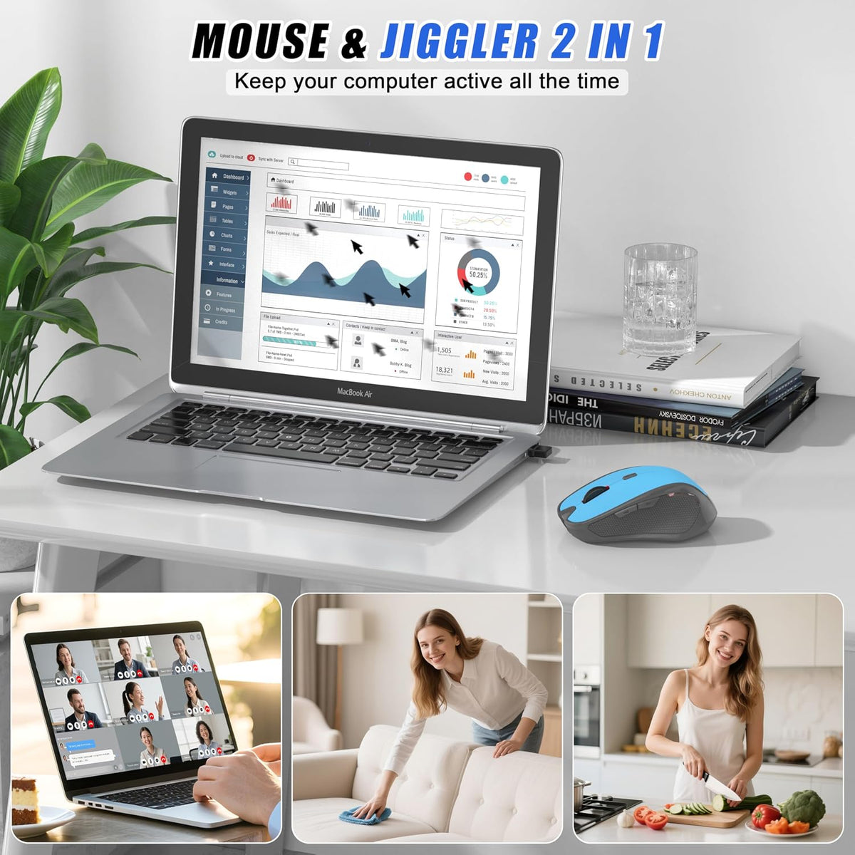 Wireless Bluetooth Mouse for iPad Pro MacBook, Ergonomic Rechargeable Mice with Jiggler Mode, 2-Mode Bluetooth 5.2/3.0 & 2.4G USB-A/USB-C Receiver, Silent Optical Mouse for Mac PC Laptop, Blue