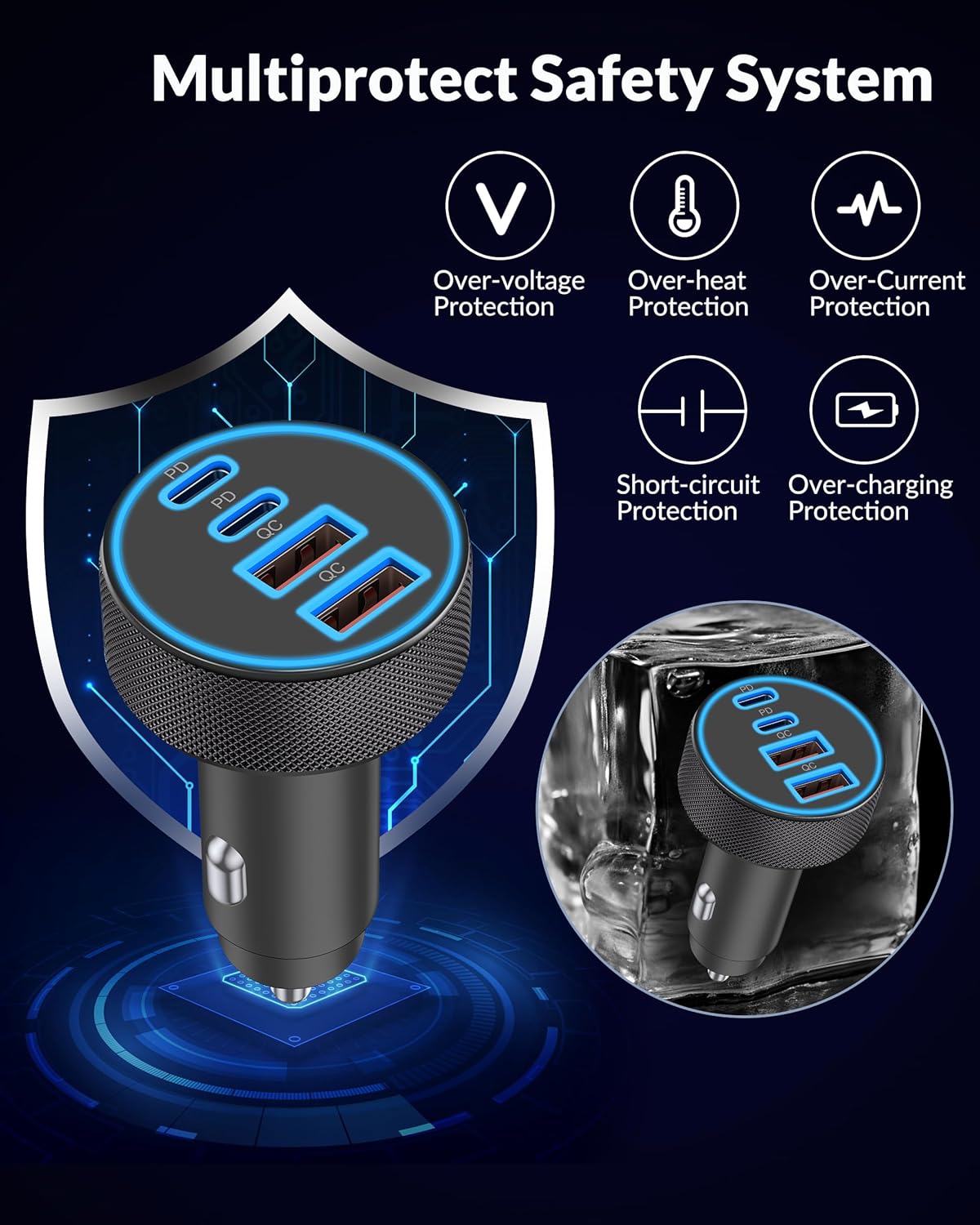 iPhone 17 16 15 Car Charger Fast Charging, 90W 4Port USB C Fast Car Charger | Cigarette Lighter Adapter, with 240W 3FT USB-C Cable, for iPhone 17/Air/17 Pro Max/17e/16/15 Pro Max/Plus/16e, iPad, Android