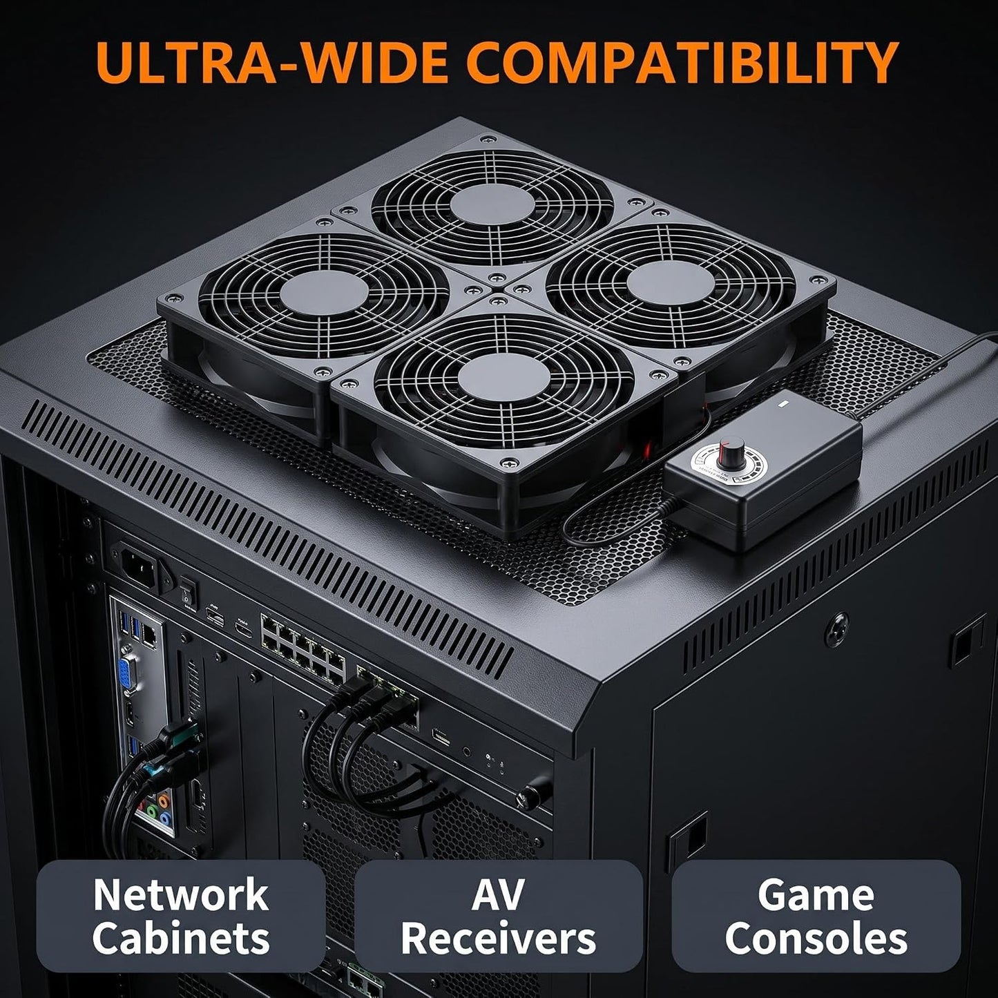 Adjustable Speed 4 Fans Cooling Pad, 4x120mm Computer Fan with AC Power Speed Controller Cooling for Game Console Laptop Router Network Cabinet
