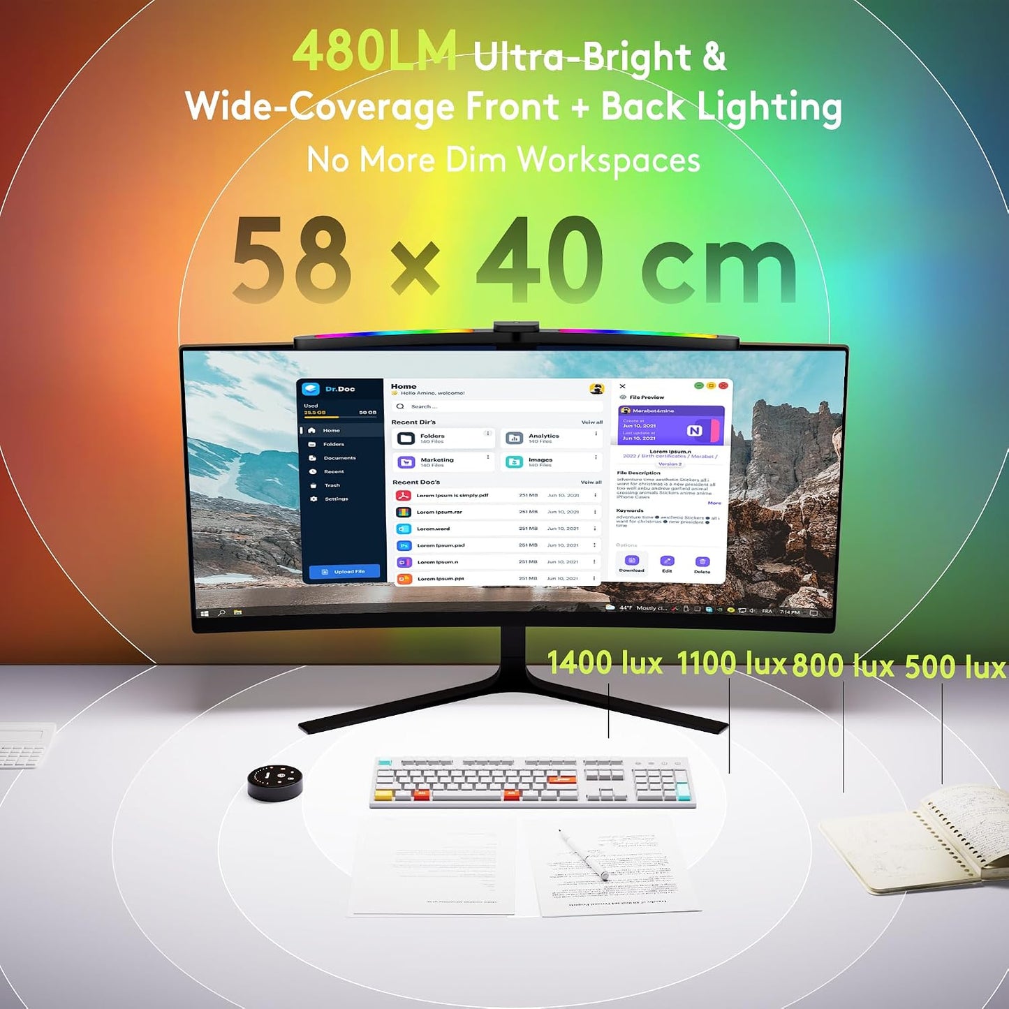 Quntis Curved Monitor Light Bar 15 RGB Backlight for 34"+ Screens, Computer Bar Lights Foldable Dual Light with Color Temperature Brightness Stepless Dimming, No Glare Desk Lamp for Home Office Gaming