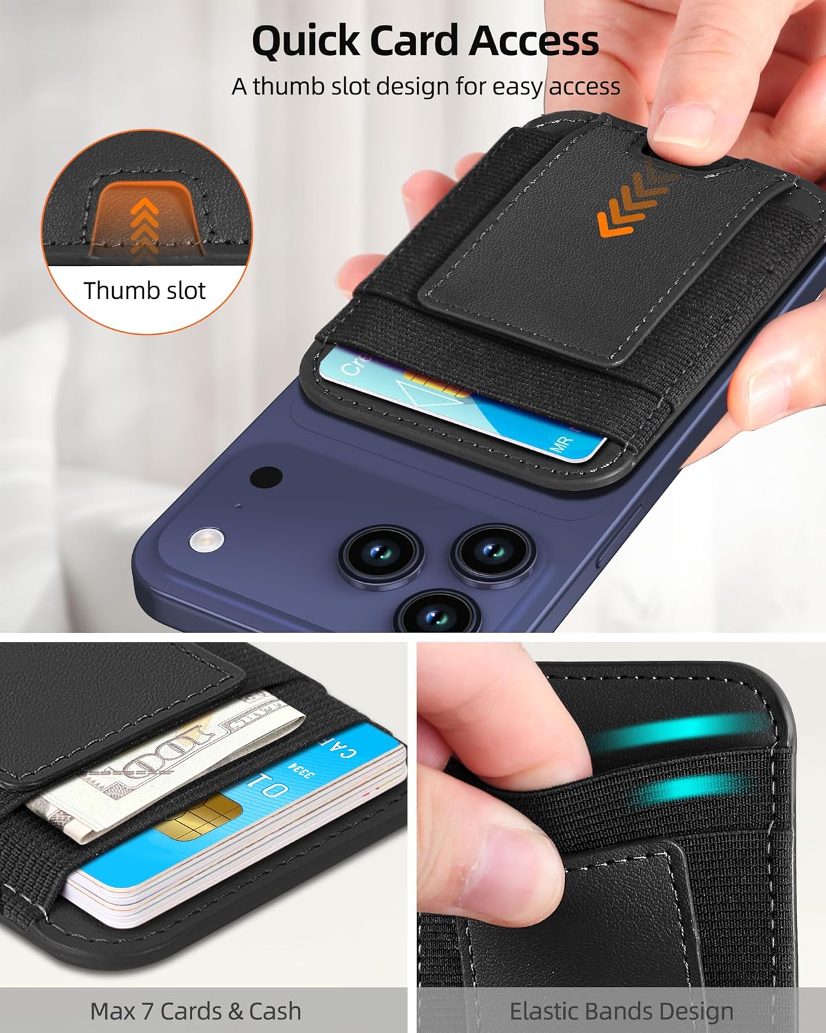 For Magsafe Wallet, 7 Cards Holder, Stronger Magnetic Wallet | Magnetic Phone Wallet for iPhone 17/16/15/14/13/12 Series, 2 Card Slots, RFID Blocking, Vegan Leather, Slim, Black