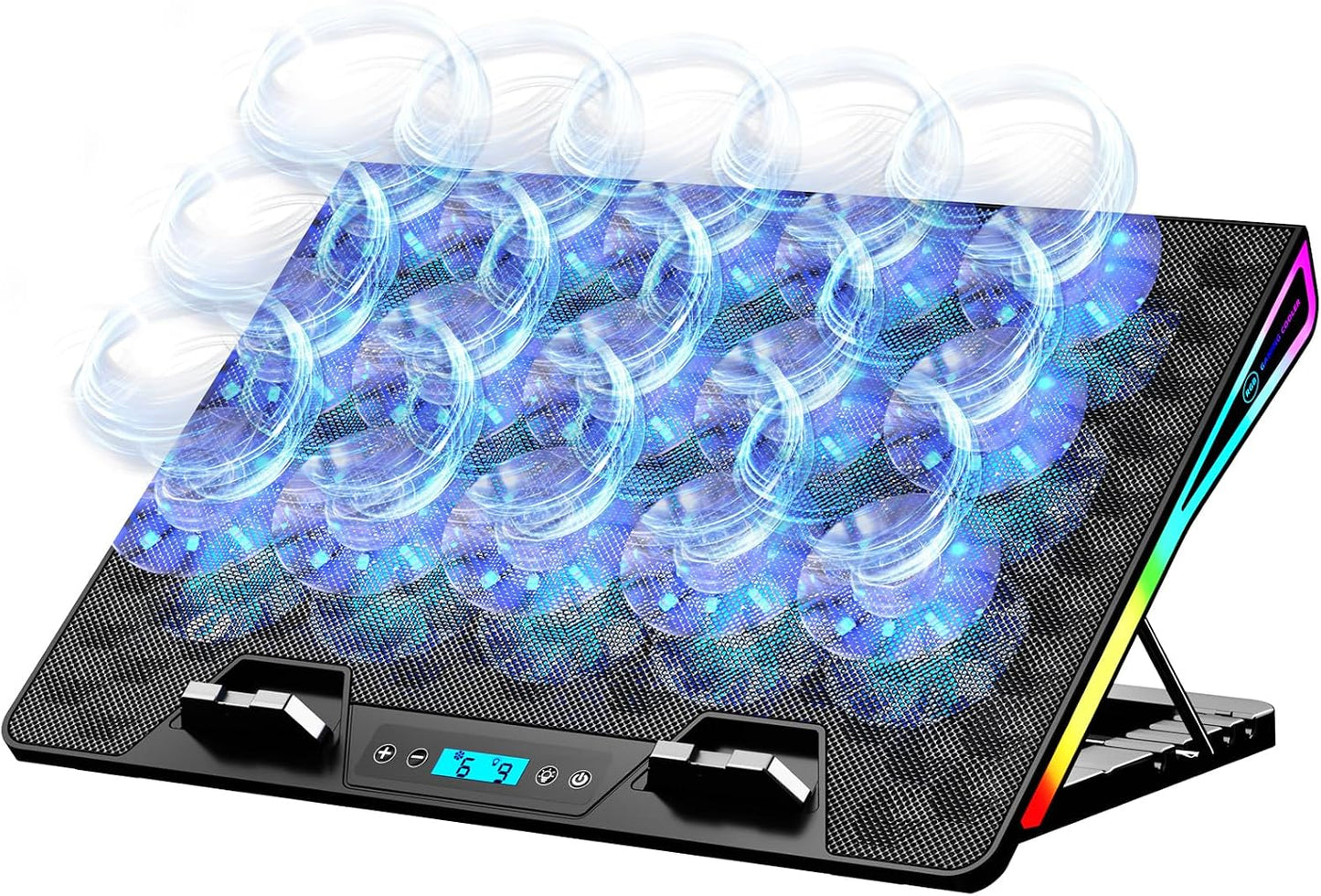 AICHESON Laptop Cooling Pad with 6 High-Speed Fans for 14-17.3 Inch Laptops | Laptop Fan with 7 Adjustable Angles, Blue Lights with Fans, 2 USB Ports for Work Home Office Use