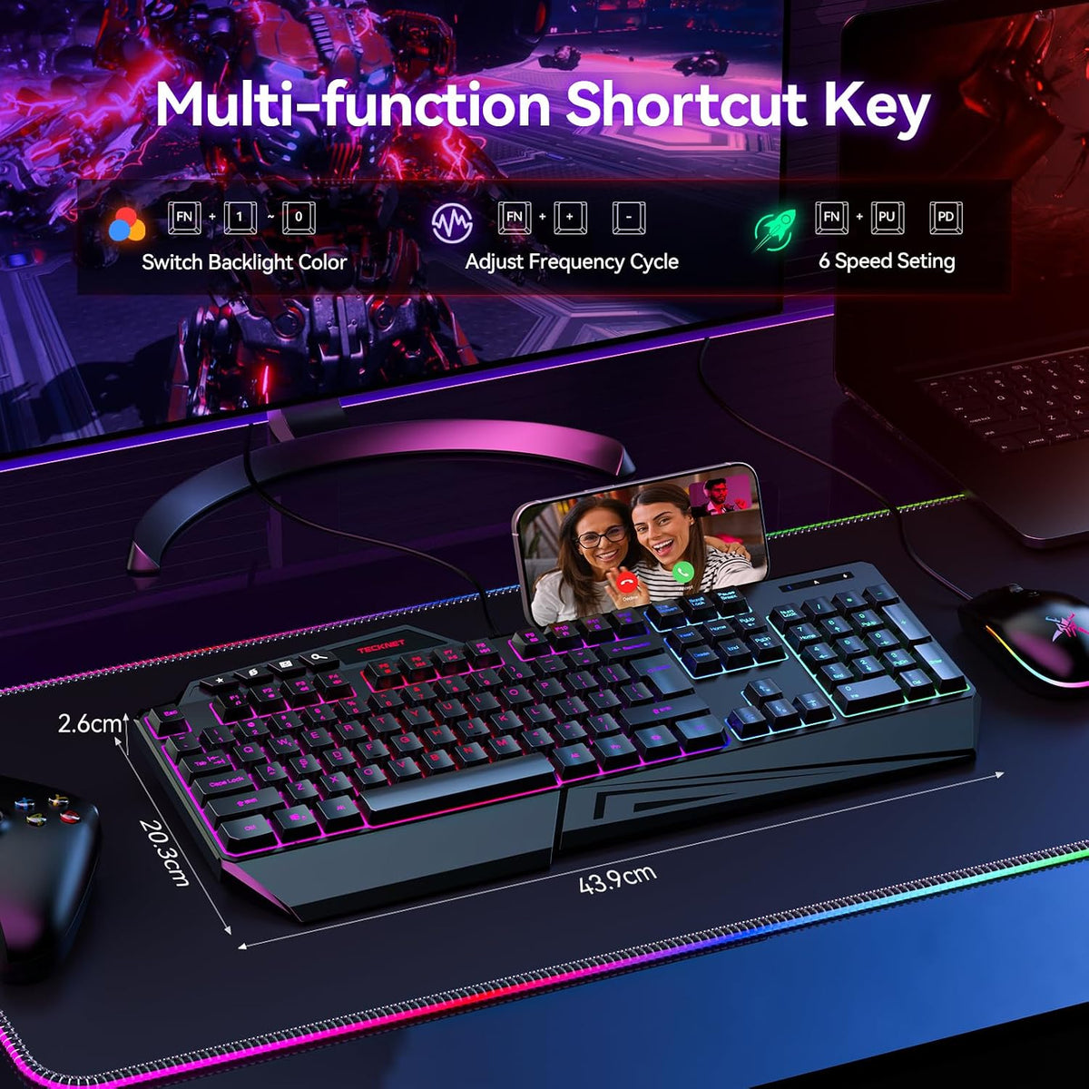 TECKNET Wired RGB Gaming Keyboard - 26-Key Anti-Ghosting, 13 Lighting Modes, Spill-Resistant, 108 Membrane Keys, Plug & Play - with Ergonomic Wrist Rest & Phone Holder for Windows/Mac (Black)