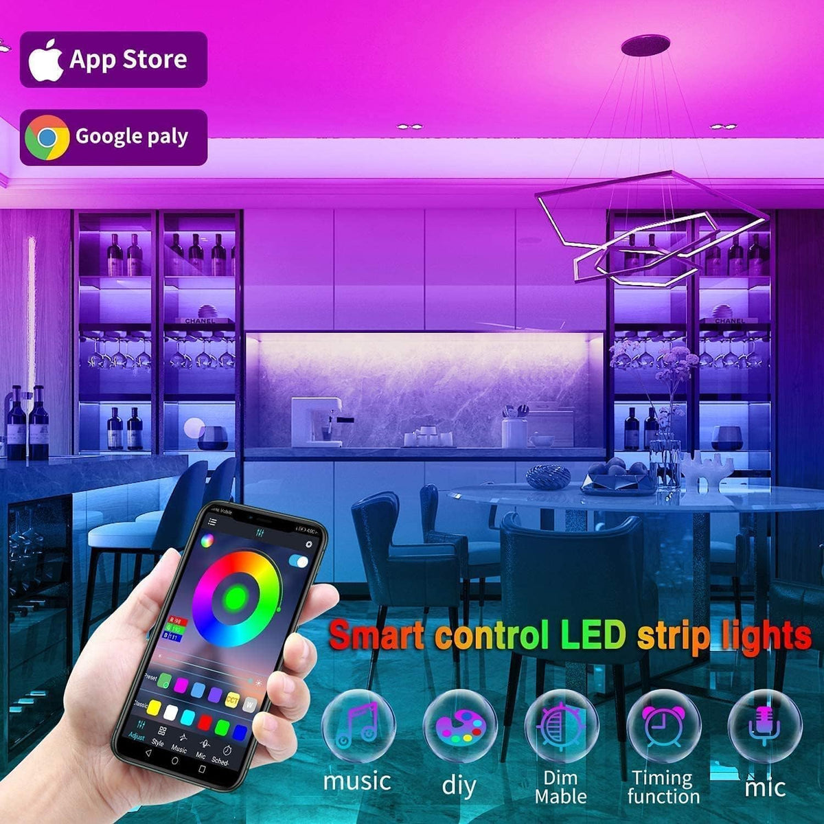 Tenmiro 50ft Led Strip Lights, Smart Led Lights Strip Music Sync Color Changing Lights App Control and 23keys Remote, Led Lights for Bedroom Party Home Decoration