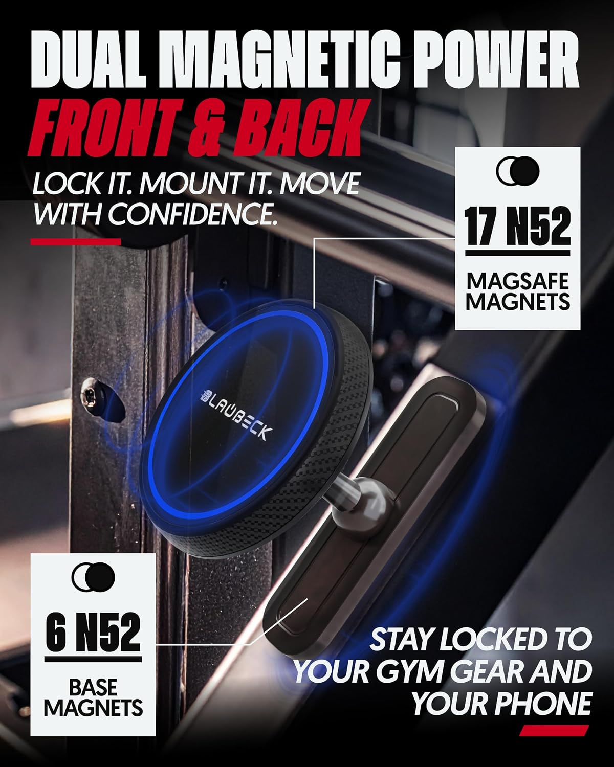 Magnetic Phone Holder for Gym, Stand for MagSafe and Android, Alloy Base | Aluminum body, 17 N52 magnets plus 6 rear. Flips to a stand. Ring for Android.