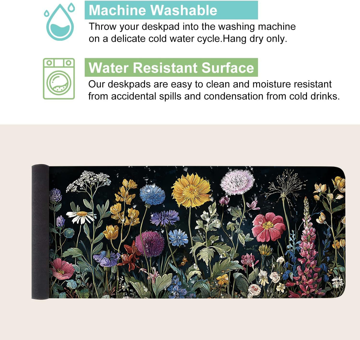 Desk Mat, XXL Extended Gaming Pad for Desktop, 35x16 Inches Vibrant Floral Colorful Flower Bouquet, Large Non-Slip Vegan Leather Surface with Stitched Edges, Keyboard Mouse Mat for Home Office