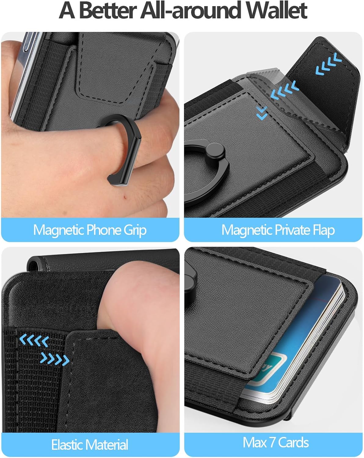 for Magsafe Wallet with Grip, 6-Card Holder; Stronger Magnetic Phone Wallet | Magnetic Card Wallet Holder for iPhone 17/16/15/14/13/12 Series, Privacy Flap, RFID Blocking, Black