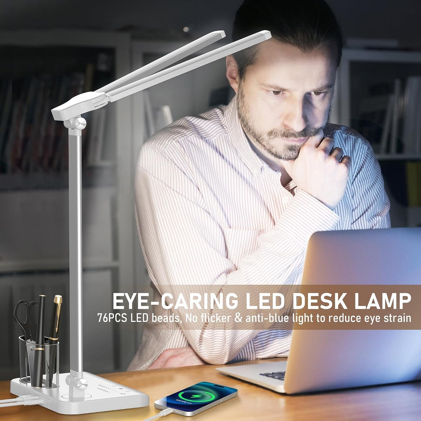 LED Desk Lamp for Home Office Desk Light Table Lamp 50 Lighting Modes Timer | Eye-Caring Desk Lamp with USB Adapter, Foldable Dual Swing Arm Architect for Reading, Study, Workbench