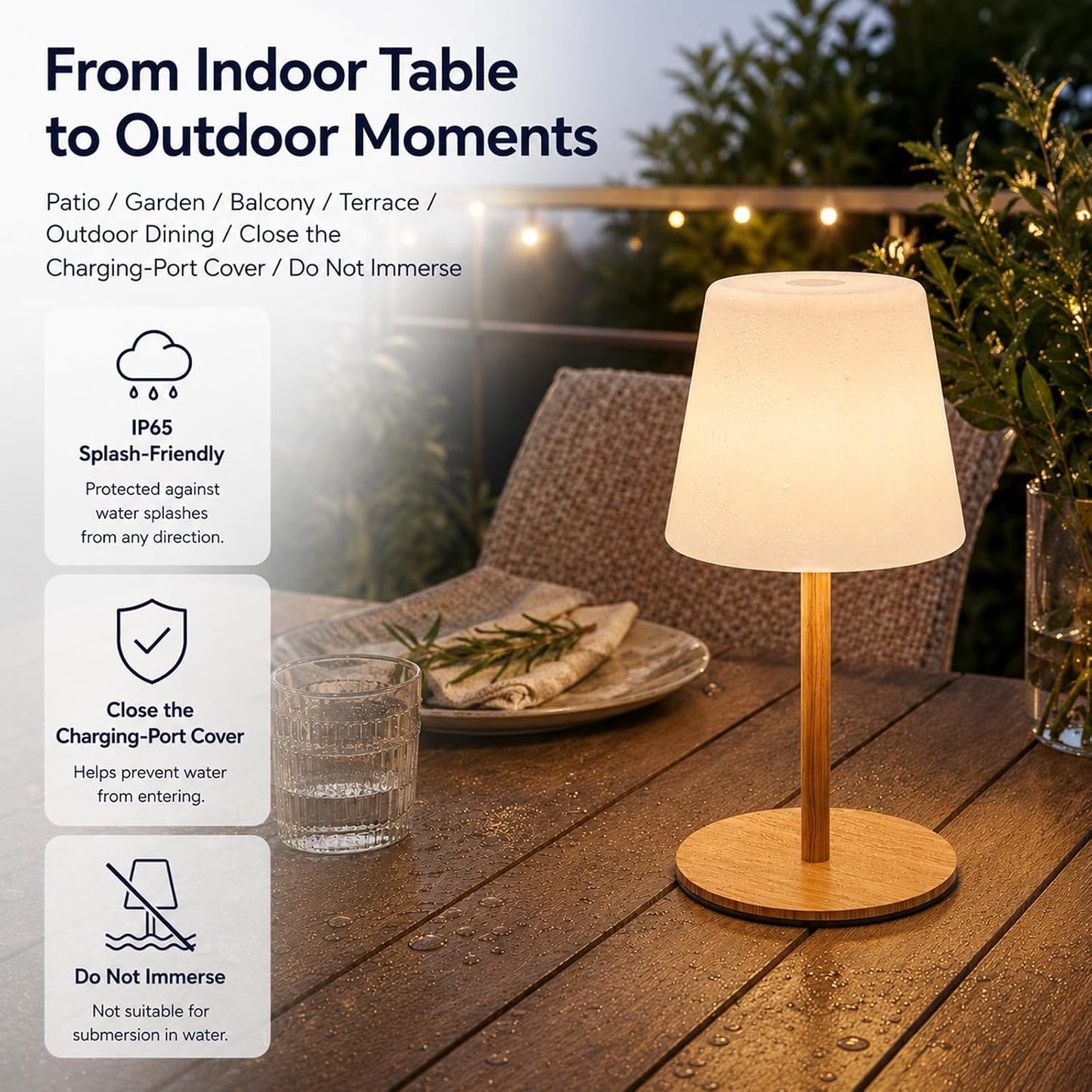 IP65 Waterproof Shower Lamp, Cordless Rechargeable Table Lamp, Wood Grain | Bathroom To Bedside Glow, Touch-Dim Comfort, 4000mAh USB-C Ease, 12-24H Light, 3 Light Moods, 2-Height Fit