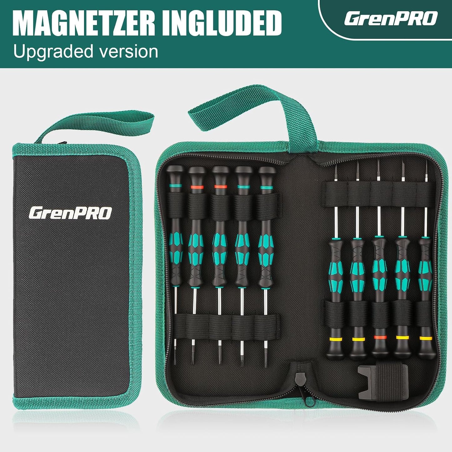 GRENPRO 10-Piece Precision Screwdriver Set, Magnetic Small Screwdrivers with Phillips, Slotted, Torx Star for Eyeglass, Watch, Computer, Laptop, Phone,Green