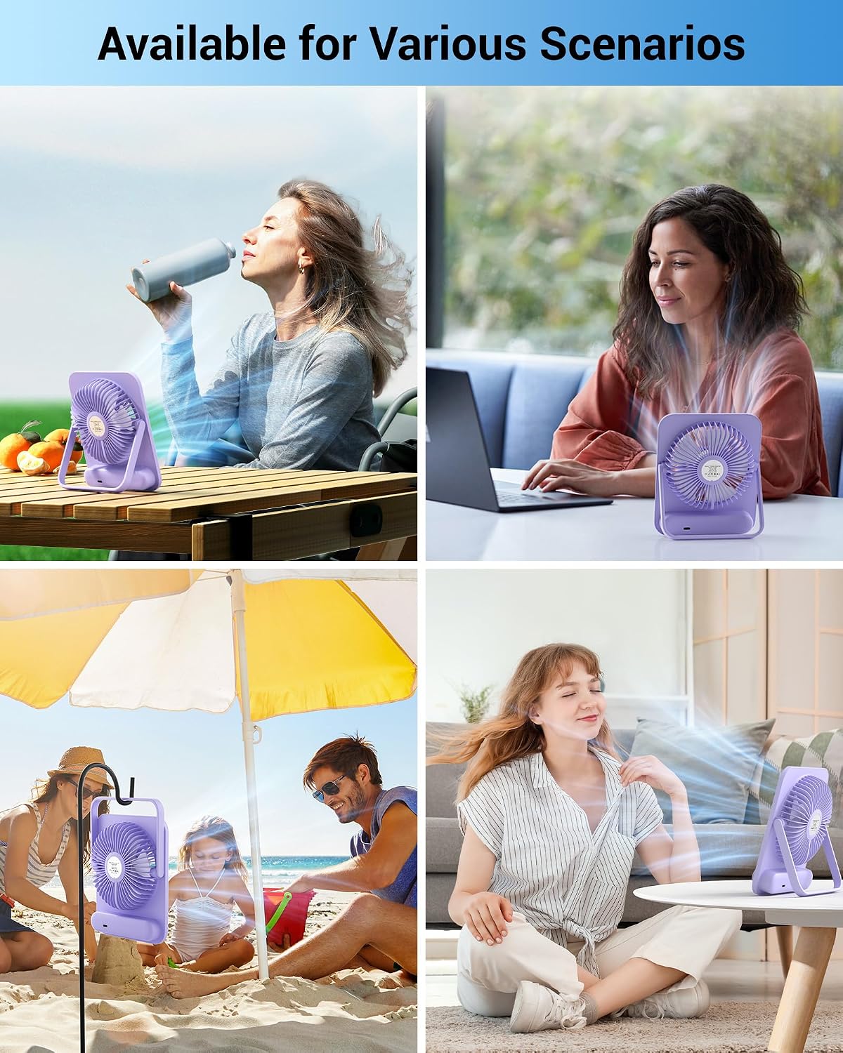 WHATOOK Small Desk Fan Personal Fans: 5000mah 25 Hours Battery Office Quiet Mini Desktop Fan Portable Rechargeable Travel Essentials (Purple, 2000 mAh)