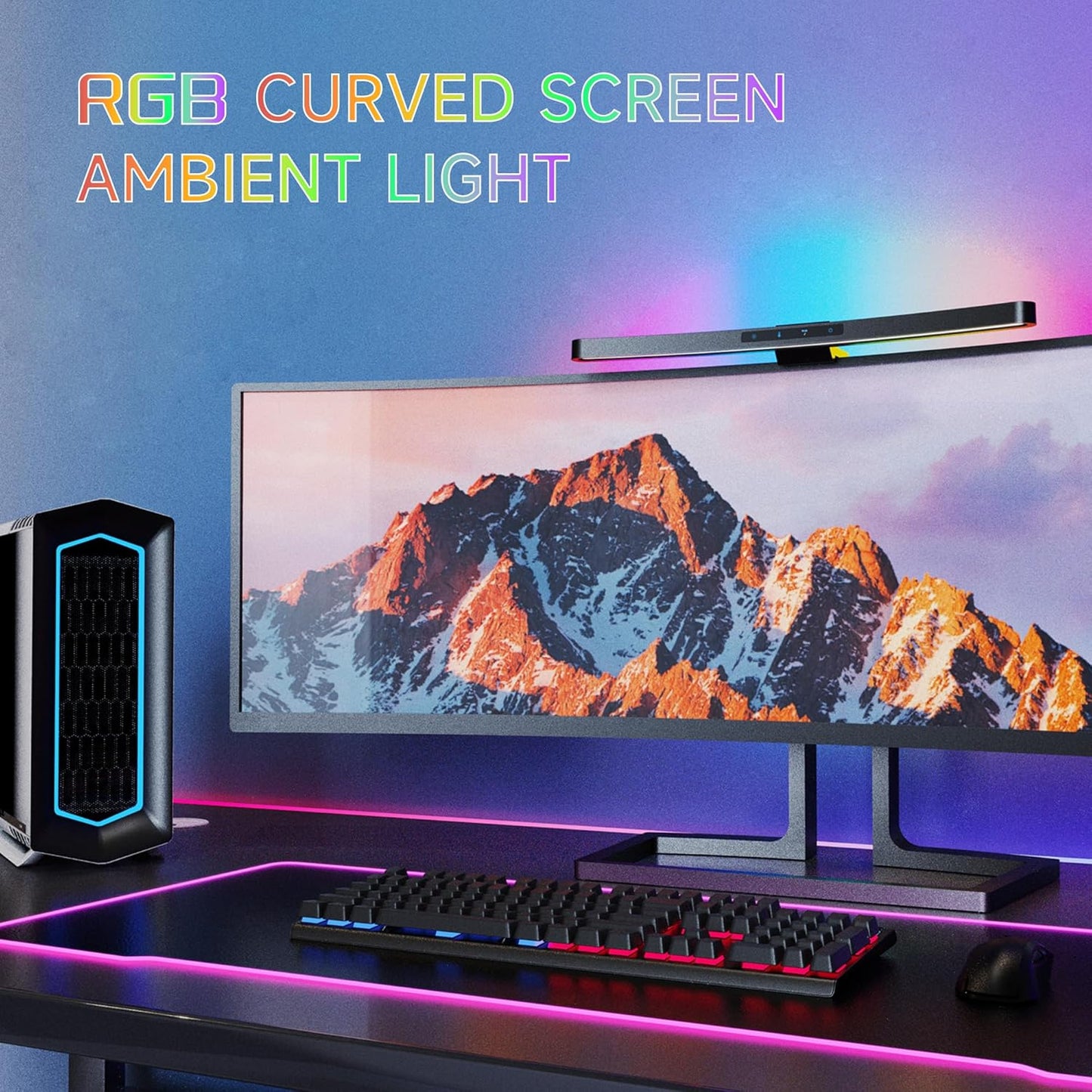 ONWAY Curved Monitor Light Bar with RGB Backlight, Wireless Remote Touch Control, No Glare Lamp with Camera Base for Gaming/Office Computer Setup