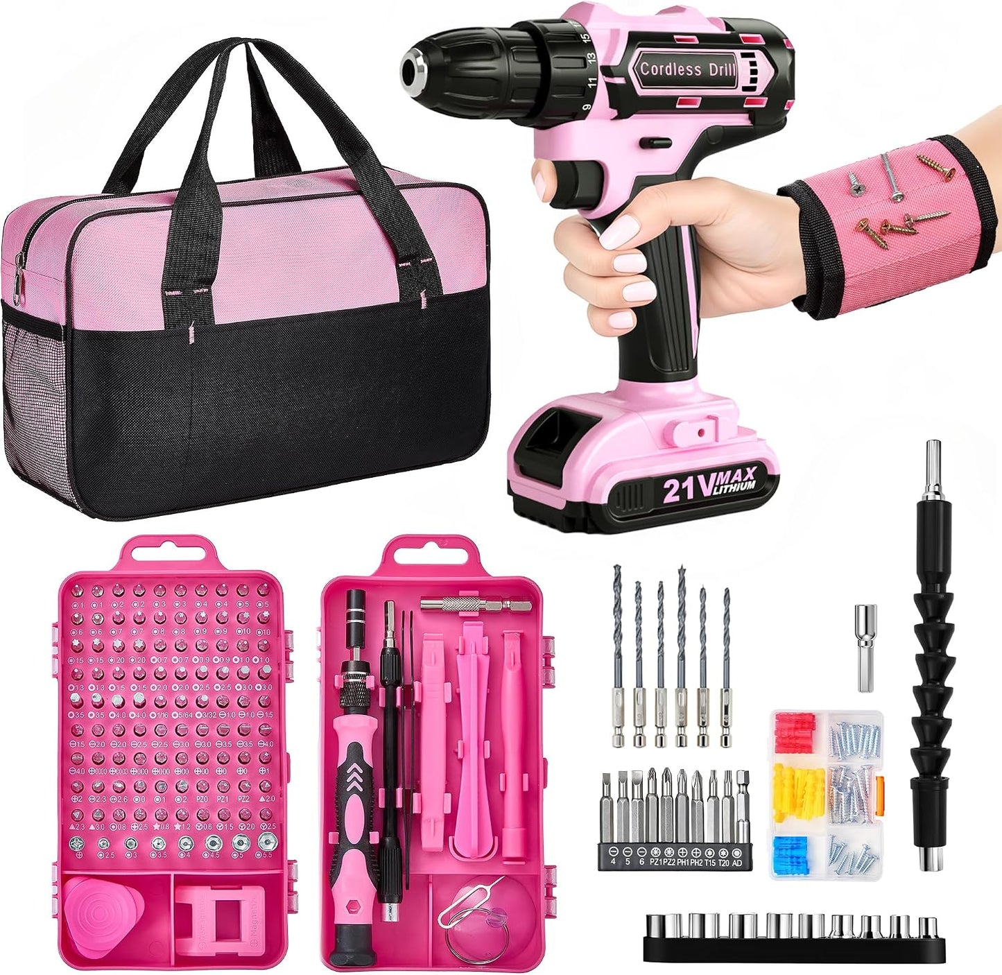 Pink Cordless Drill Set 202 Pcs, 21V Pink Power Drill Tool Set Kit with Storage Bag, Electric Drill Set for Women, Precision Screwdriver set, Magnetic Wristband, for Home DIY Projects