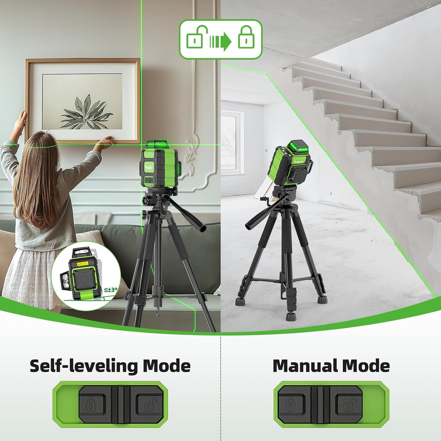 Huepar Laser Level 360 Self Leveling, Rechargeable Green Laser 3x360° Cross Line Lazer Leveler 3D Level Laser Tool for Construction and Picture Hanging, Strong Magnetic Bracket&Hard Carry Case -HM03CG