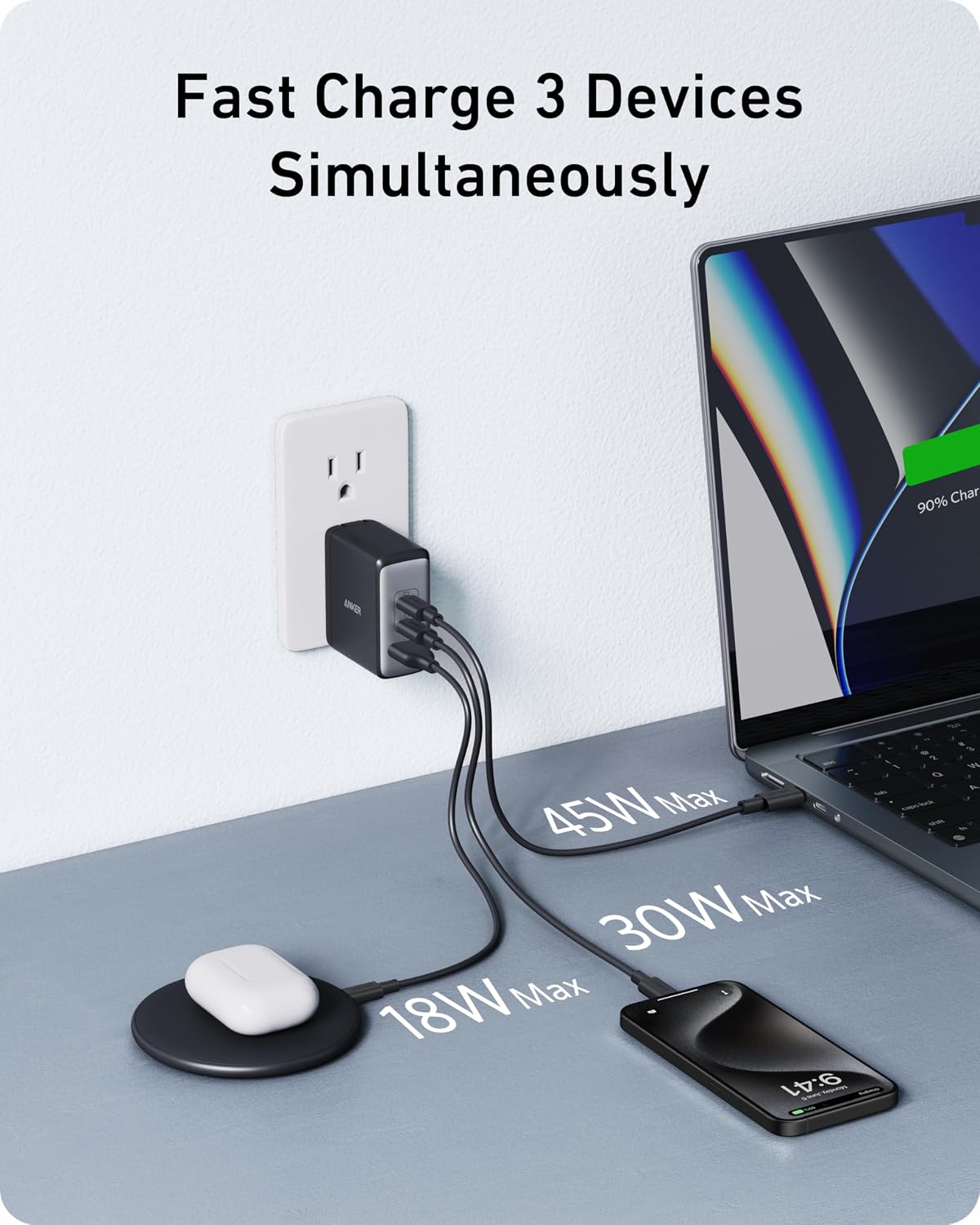 Anker Nano 100W MacBook Charger, 3-Port Fast Compact GaN USB Charger Block | With 1 Pack & 1 Cable for MacBook Pro/Air, Pixelbook, ThinkPad, Dell XPS, iPad Pro, iPhone 17 Series, Galaxy S23, and More