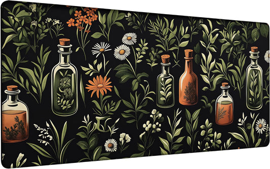 Wildflower Leaves and Bottles Gaming Mouse Pad 35.4 x 15.7 Inches with Non-Slip Rubber Base, Smooth Cloth Surface Desk Keyboard Mat for Computer, PC, Laptop, Desktop