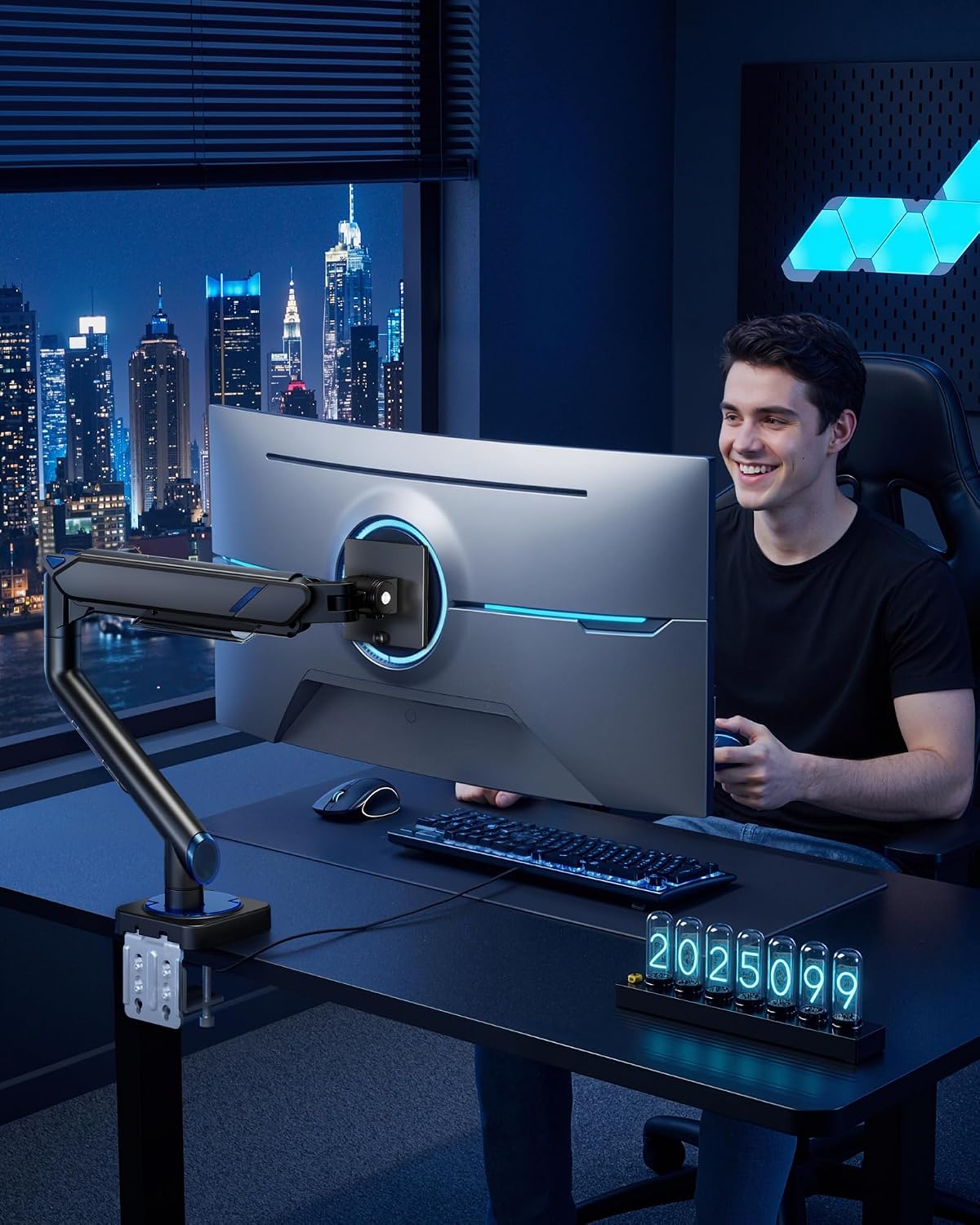 ARES WING 17-49 Inch Monitor Arm Ultrawide Single Monitor Mount, Black | Heavy Duty Mechanical Spring Monitor Stand Adjustable Arms Holds up to 44lbs, 75/100 VESA Mount with Clamp/Grommet Base