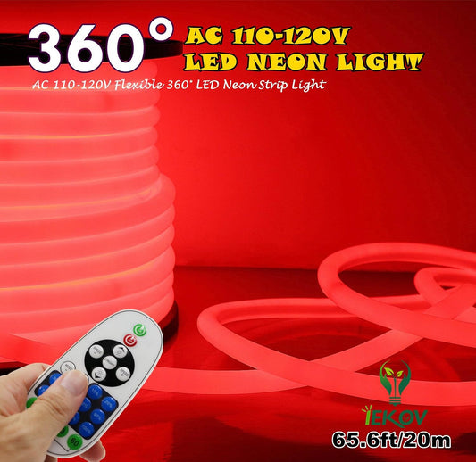 [Upgrade] 360° LED NEON Light, AC 110-120V Flexible 360 Degree LED Neon Strip Lights, Dimmable & Waterproof NEON LED Rope Light + Remote Controller for Decoration (65.6ft/20m, Red)