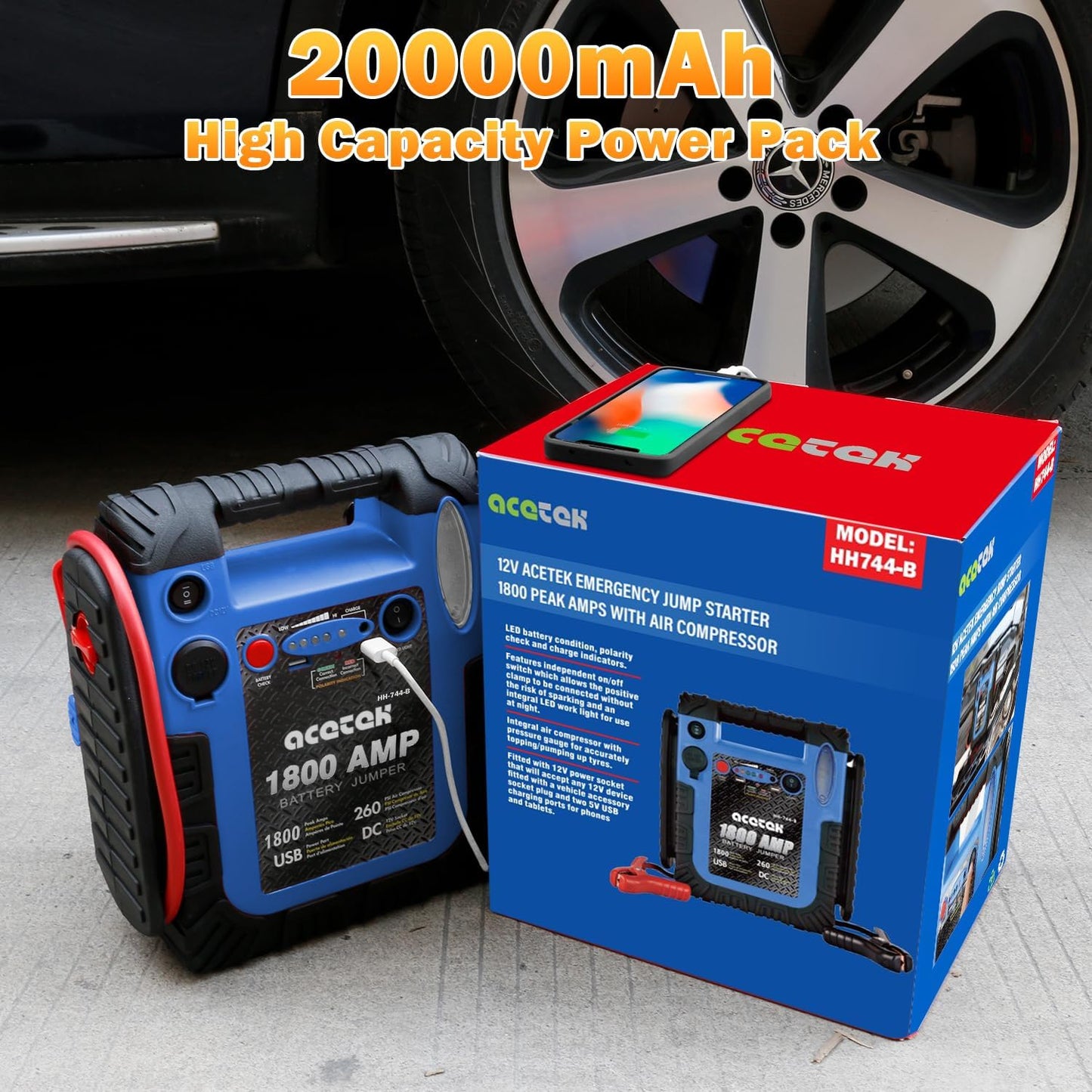 1800 Amp Jump Starter with Air Compressor, acetek Car Battery Jump Starter 260 PSI Tire Inflator, 20000mAh 12V Auto Lead-Acid Battery Booster (Up to 6L Gas or 6L Diesel Engine) with LED Light & USB