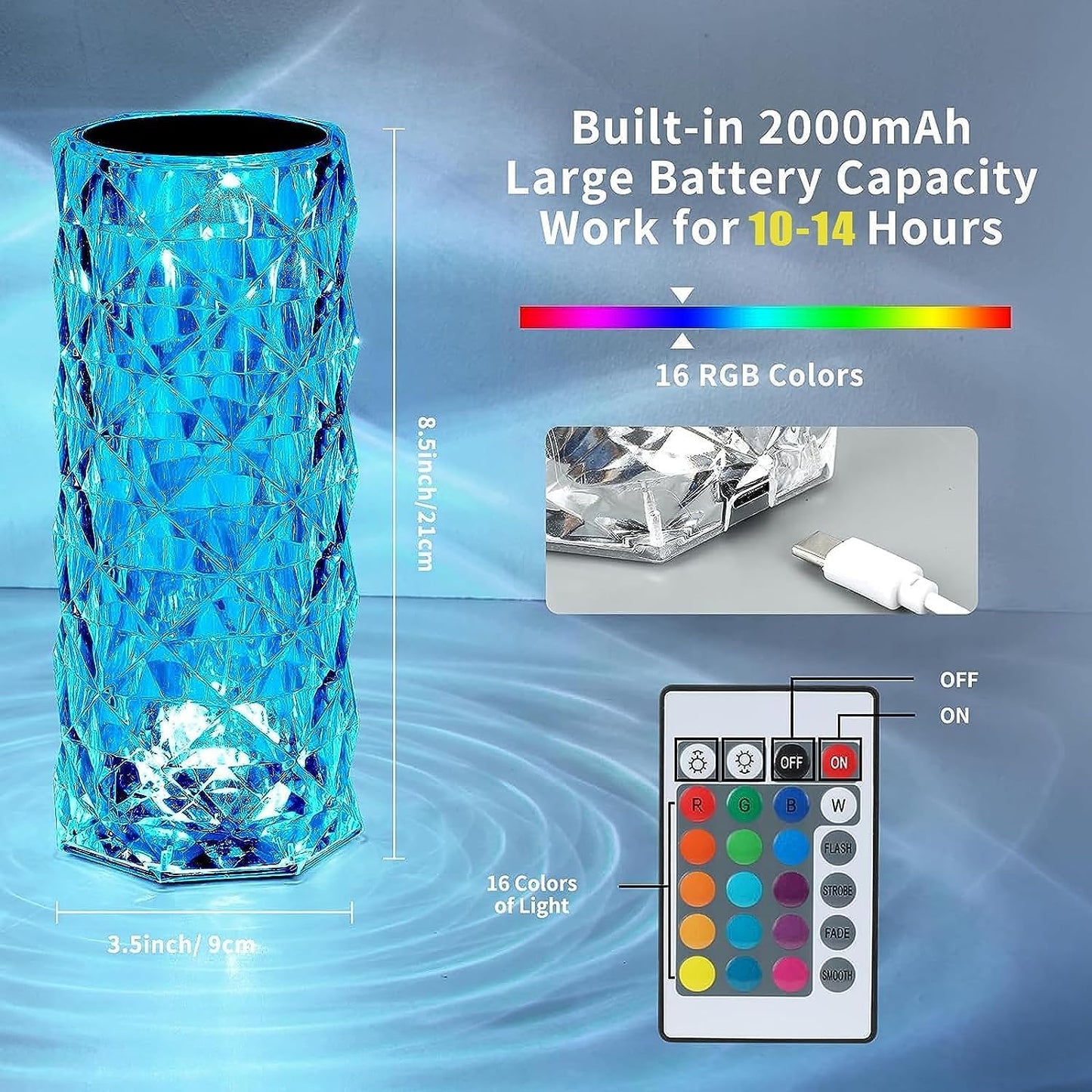 2 Pack Crystal Table Lamp, Remote and Touch Control Rose Wave Lamp, RGB Color Changing Night Light, Dimmable, USB Rechargeable Decoration Ambient Lighting for Dinner/Bars/Game Room/Living Room/Bedroom
