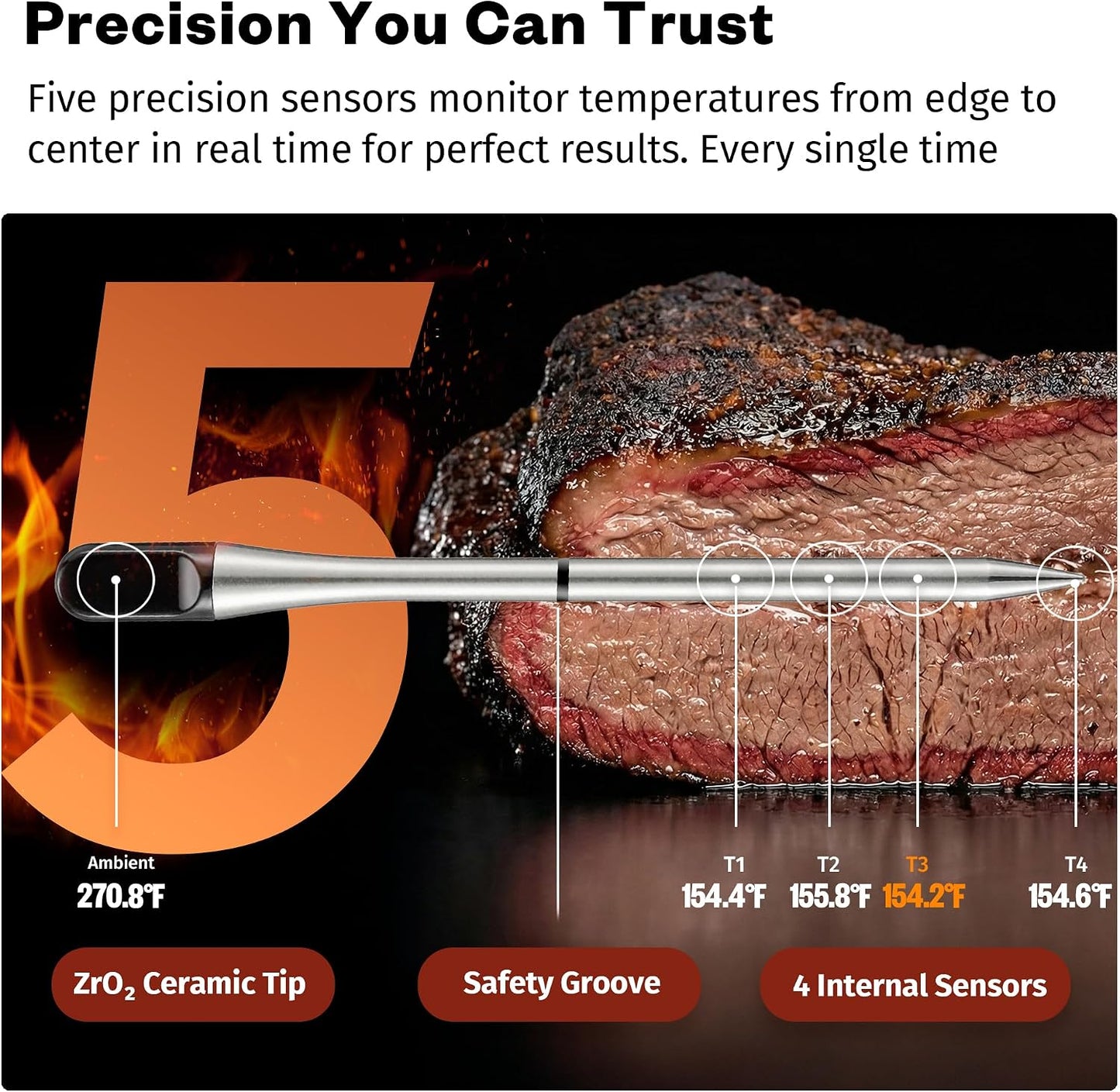 East Oak Wireless Meat Thermometer | 5-Sensor Precision for Chef-Level Results | Extreme Heat Resistance | Smart App Remote Monitoring | Perfect for Grills, Smokers, Ovens & Air Fryers, Brown