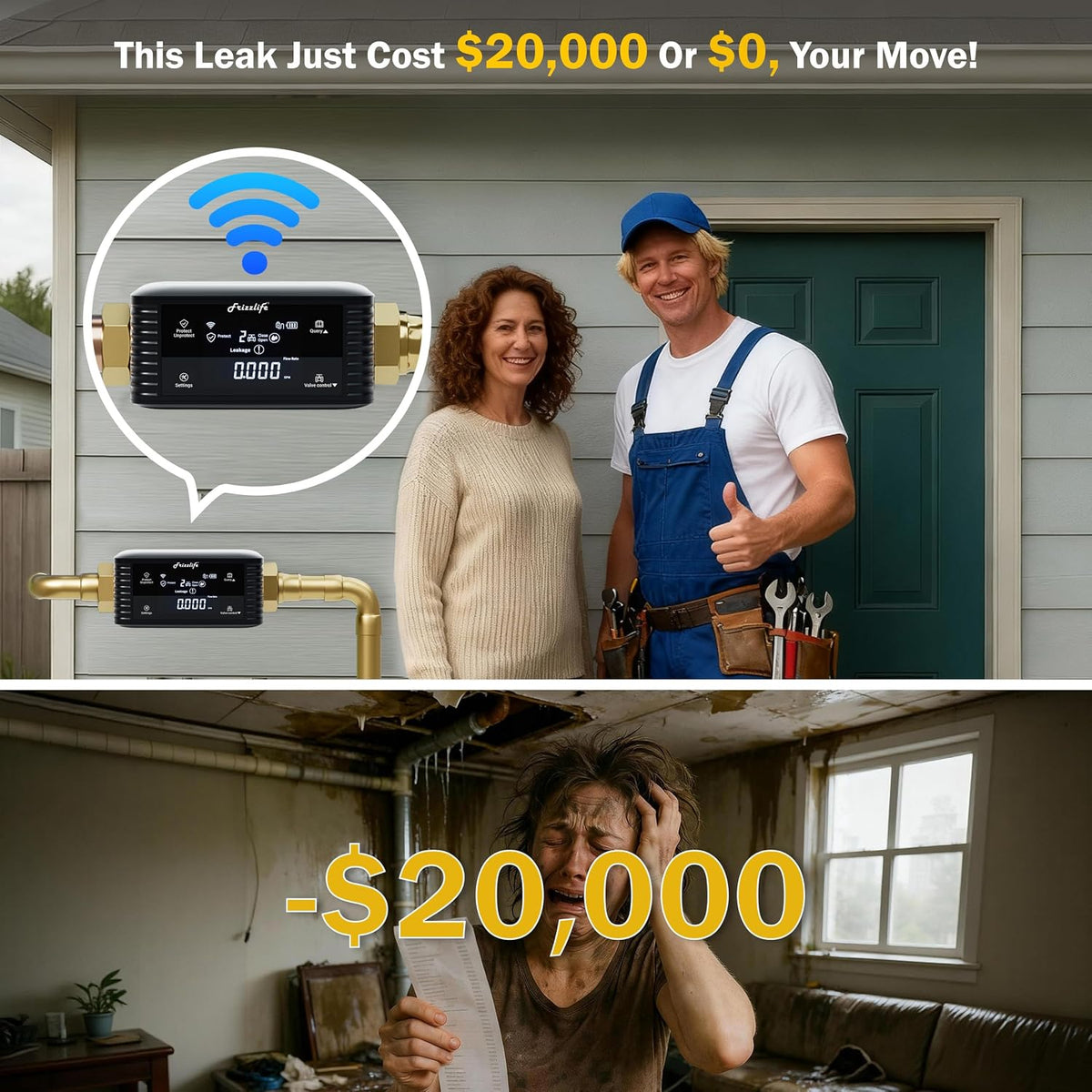Frizzlife LPG365-P Smart Water Automatic Shutoff Valve W/ 3 Leak Sensors, 0.01 GPM Ultrasonic Micro Leak Detection,Wi-Fi/App Enabled Flow Meter, Pressure+Flow Monitor, 24/7 Water Usage Reports,3/4"＆1"
