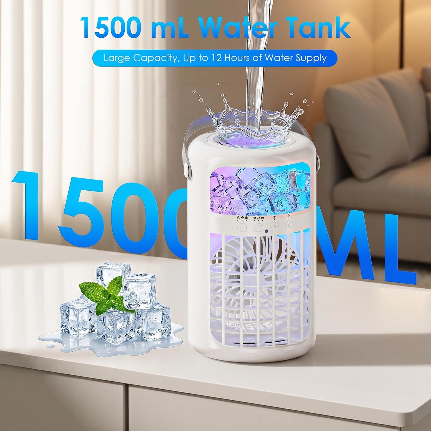 Portable Air Conditioners, Evaporative Air Cooler, 4-in-1 Portable AC Fan, 1500ML Tank, 3 Speeds & 2 Mist Modes, Remote, USB-C Cooling for Bedroom Office Camping