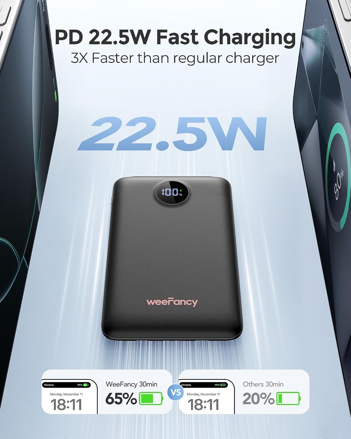 WeeFancy Compact Portable Charger 10000mAh with Built-in Cables | 22.5W Fast Charging Power Bank, Smaller Battery Pack for iPhone, Samsung, Android, Flight & Travel-Friendly, TSA-compliant