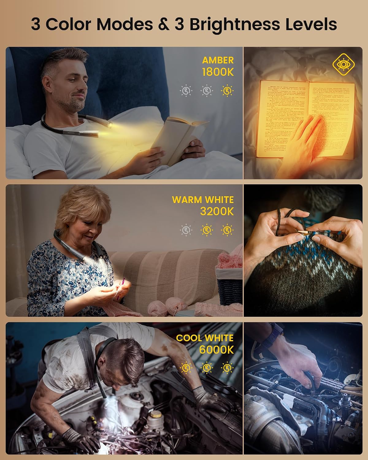 Glocusent Upgraded LED Neck Reading Light, Book Light for Reading in Bed | 30-min Timer, 3 Colors & 3 Brightness, Rechargeable, Eye-Caring Perfect for Women, Knitting,Crocheting, Repairing,Christmas