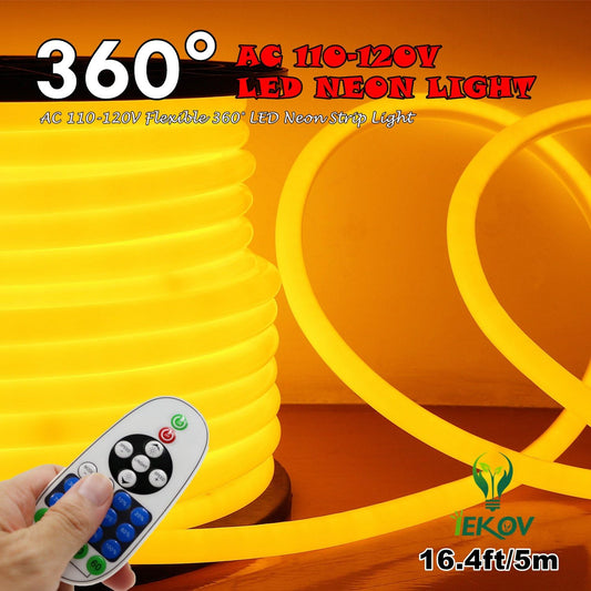 [Upgrade] 360° LED NEON Light, AC 110-120V Flexible 360 Degree LED Neon Strip Light, Dimmable & Waterproof NEON LED Rope Light+Remote Controller for Decoration (16.4ft/5m, Golden Yellow)