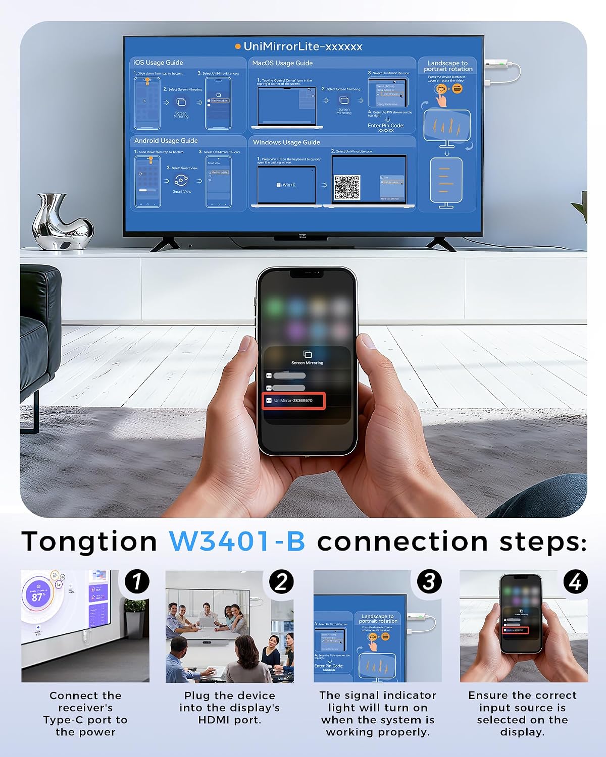 2026 Upgrade Wireless Display Dongle Adapter, Portable Transmitter 1080p HDMI Streaming, AirPlay/Miracast, 5GHz WiFi | Plug & Play for Smartphone/PC/TV/Projector
