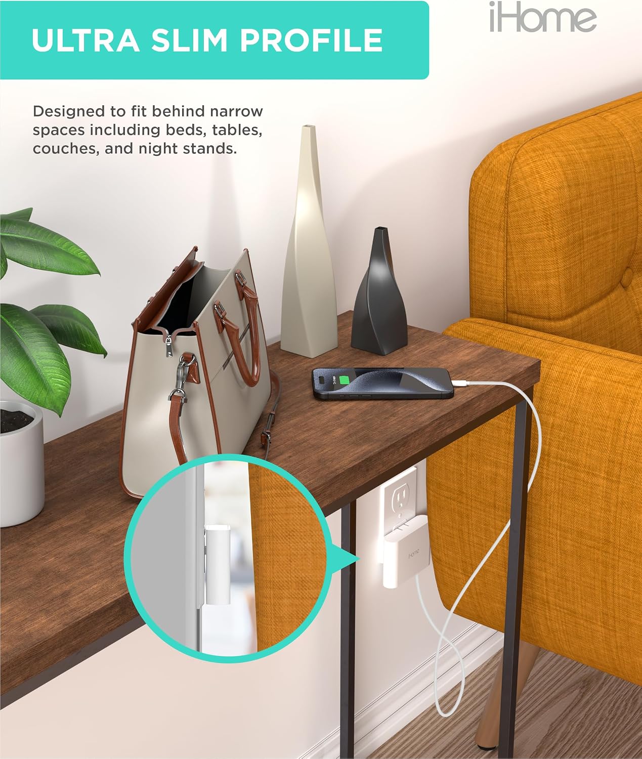 iHome Slim 4-Port USB Wall Charger, Flat Multiport Travel Plug Adapter | Foldable Prongs, 2.4A Rapid Charge Port, Charges iPhone, Android, iPad, AirPods, Travel-Friendly, Charging Block for Home Use