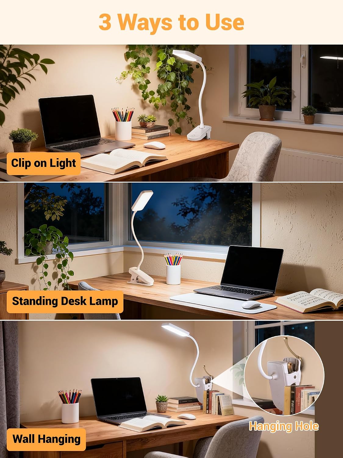 Clip on Light,45 Lighting Modes Rechargeable Desk Lamp with Clamp | 4000mAh Battery Operated Lamp,450 lm 48 LED Desk Light,Wireless & Cordless Reading Light for Bed/Bedside Table/Headboard/Dorm